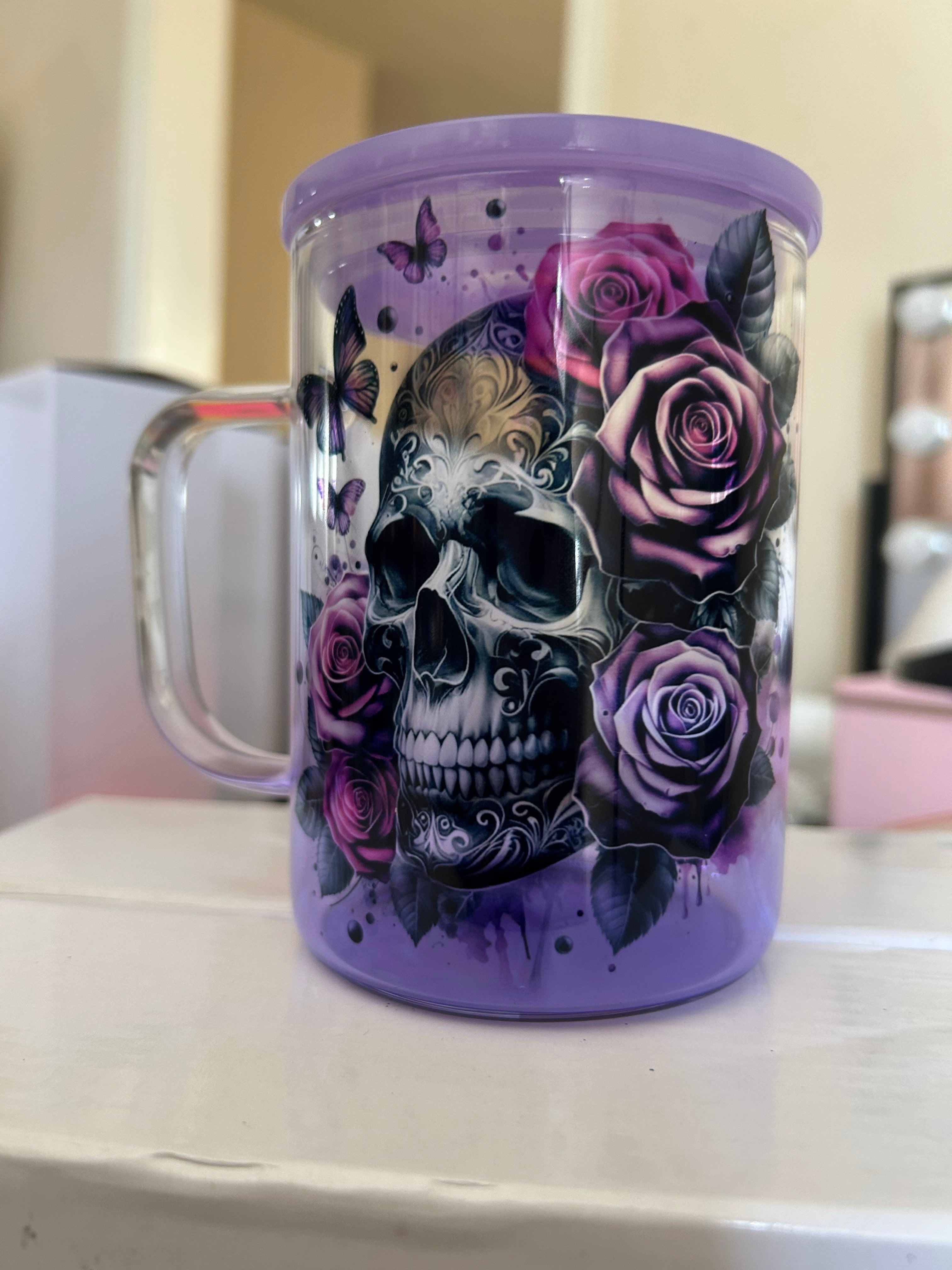 Skulls and Roses 16oz purple gradient glass cup