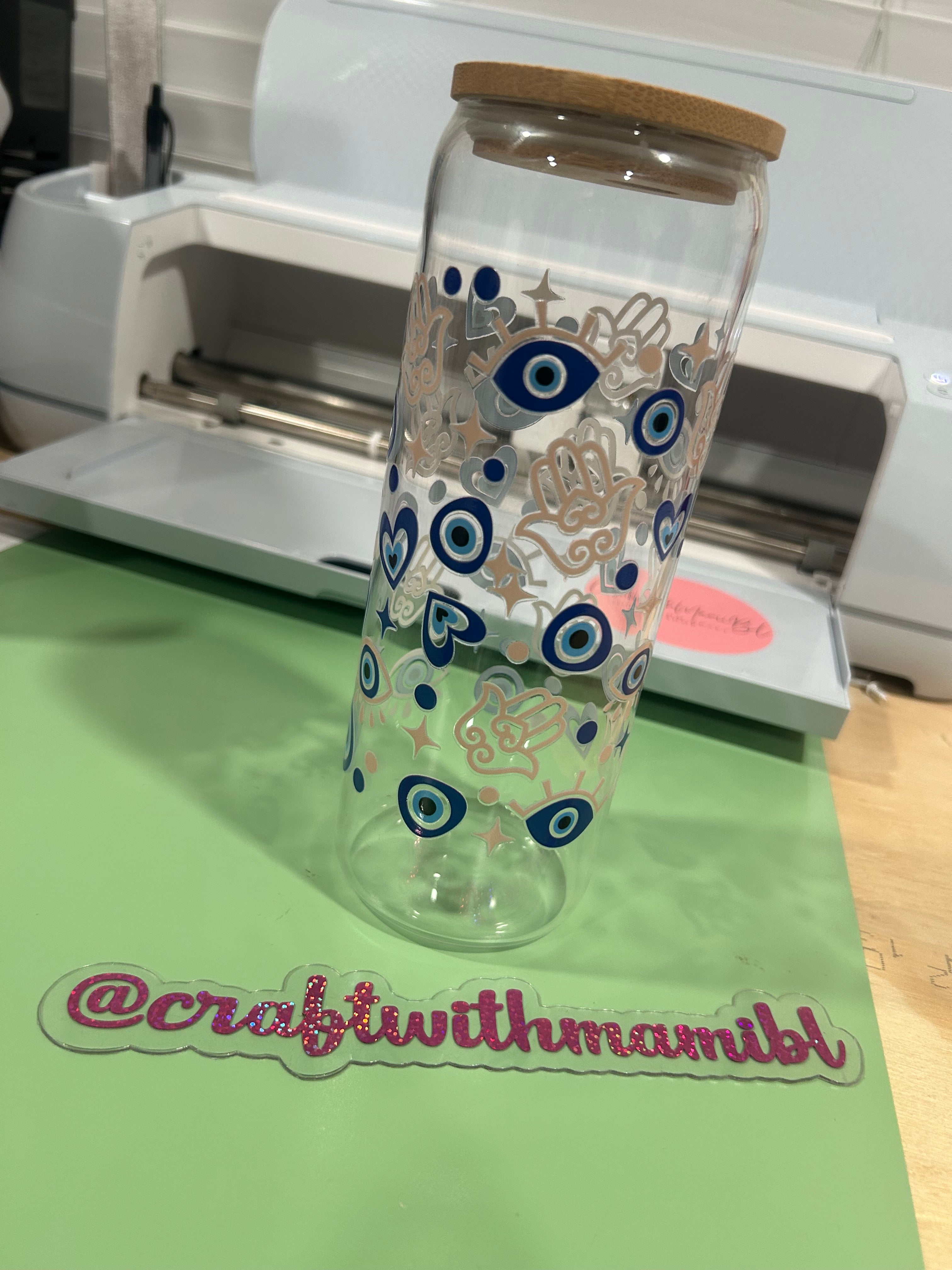 Evil eye and Hamsa 24oz Glass Cup w/bamboo lid