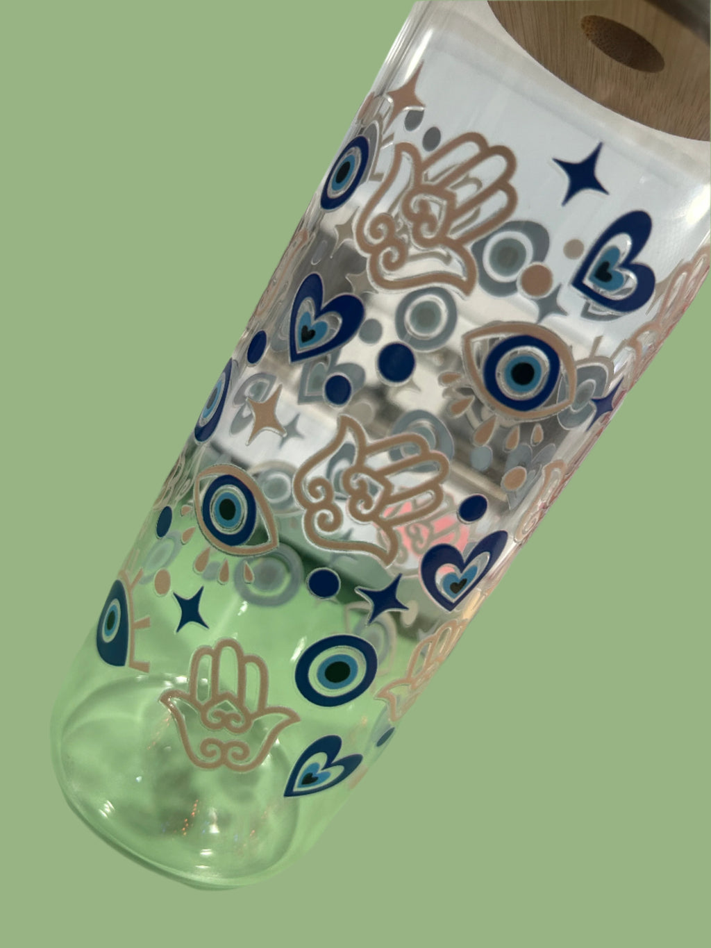 Evil eye and Hamsa 24oz Glass Cup w/bamboo lid