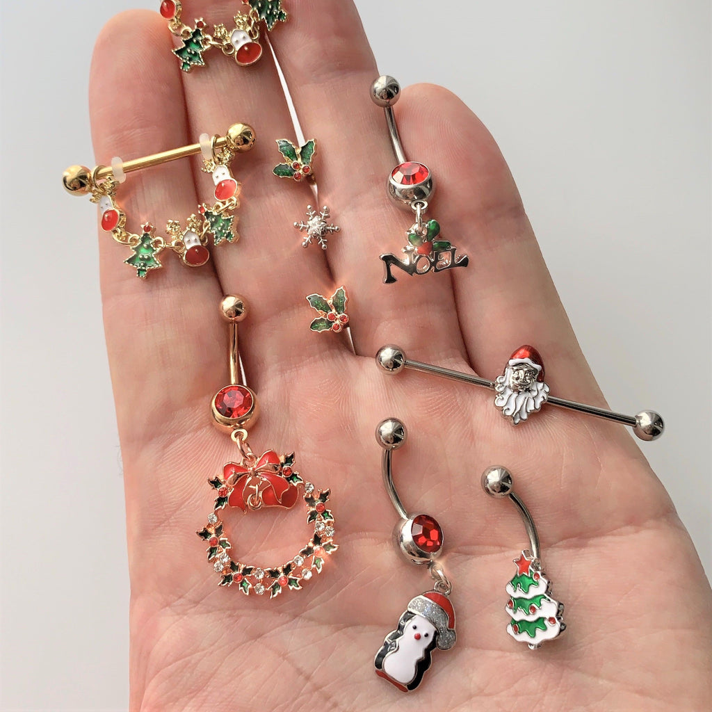 Red Gem Rose Gold Tone Holiday Wreath Christmas Dangle Belly Ring