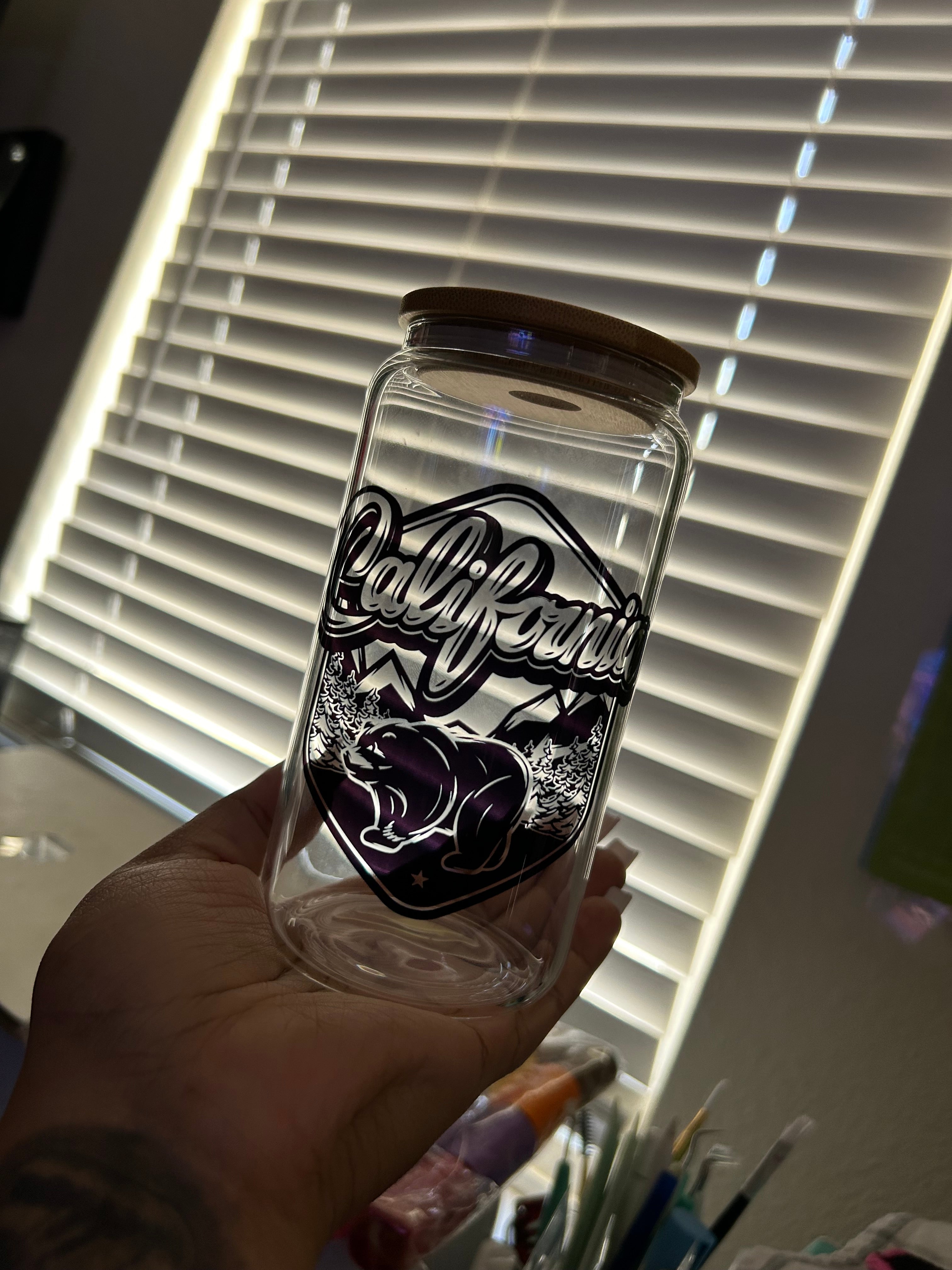 California love 16oz Clear glass can