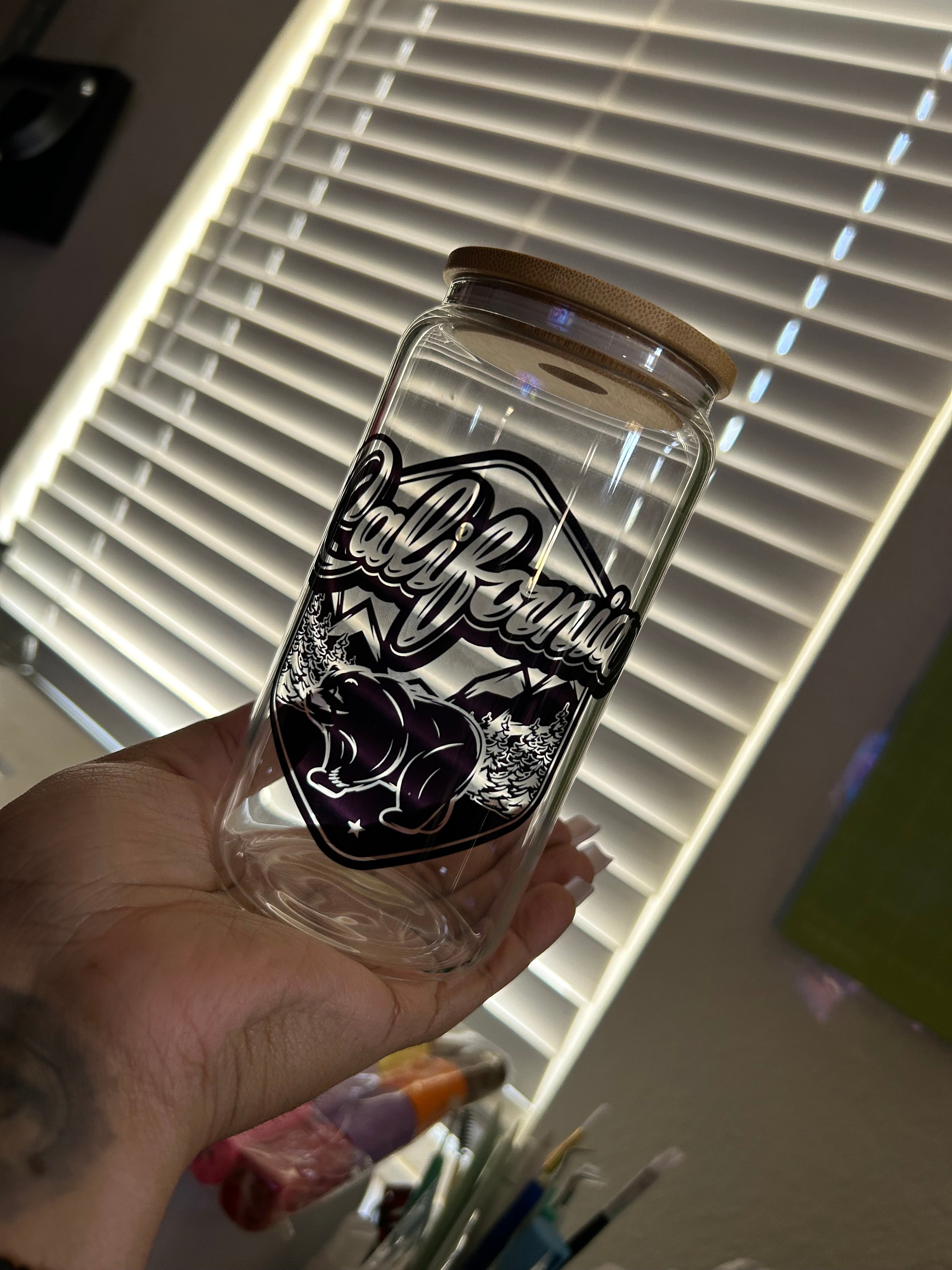 California love 16oz Clear glass can