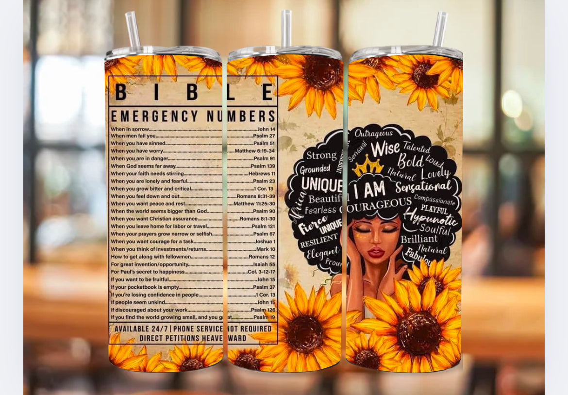 Bible emergency numbers Afro-Woman sunflowers