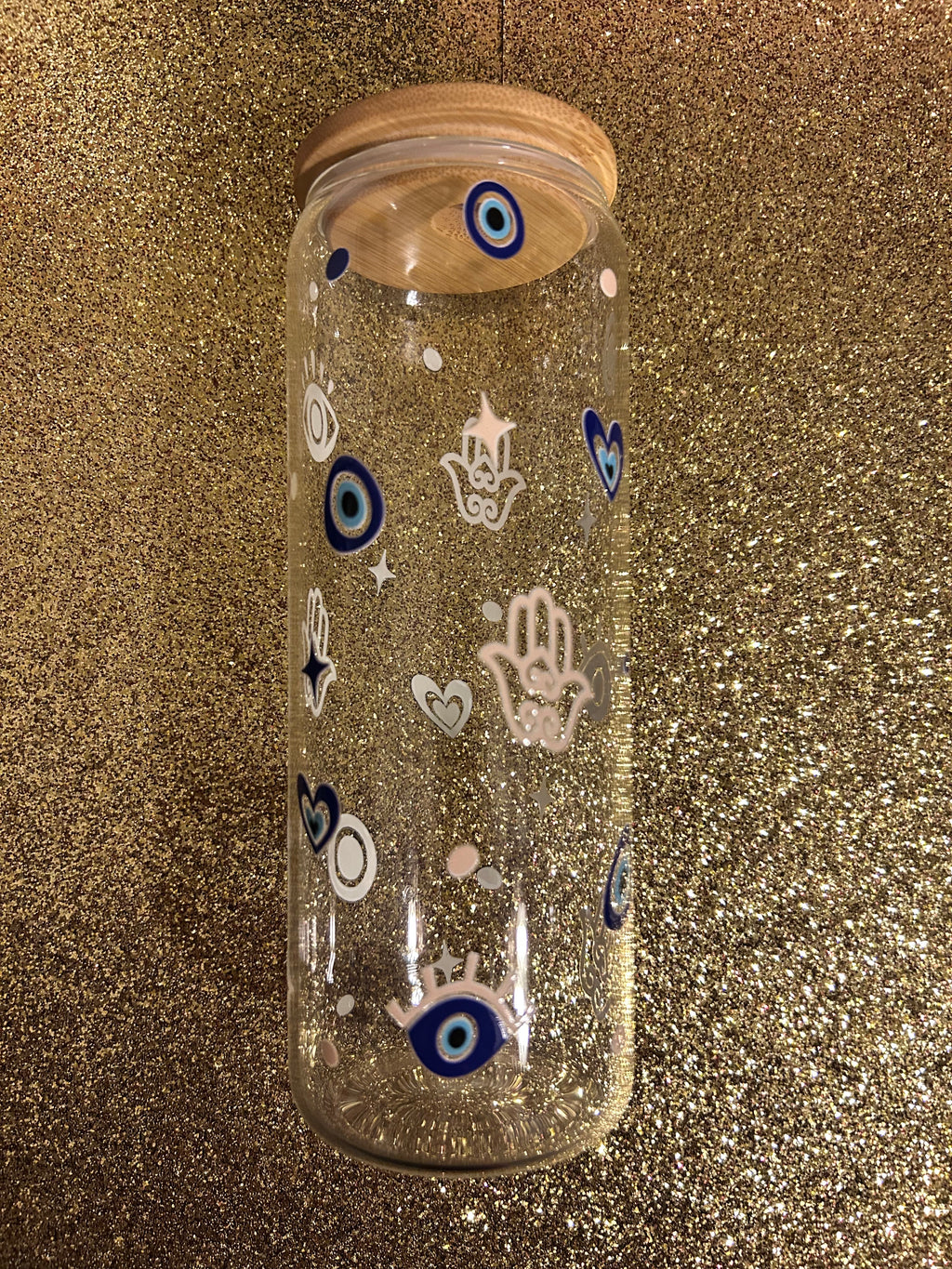 Evil eye and Hamsa 24oz Glass Cup w/bamboo lid