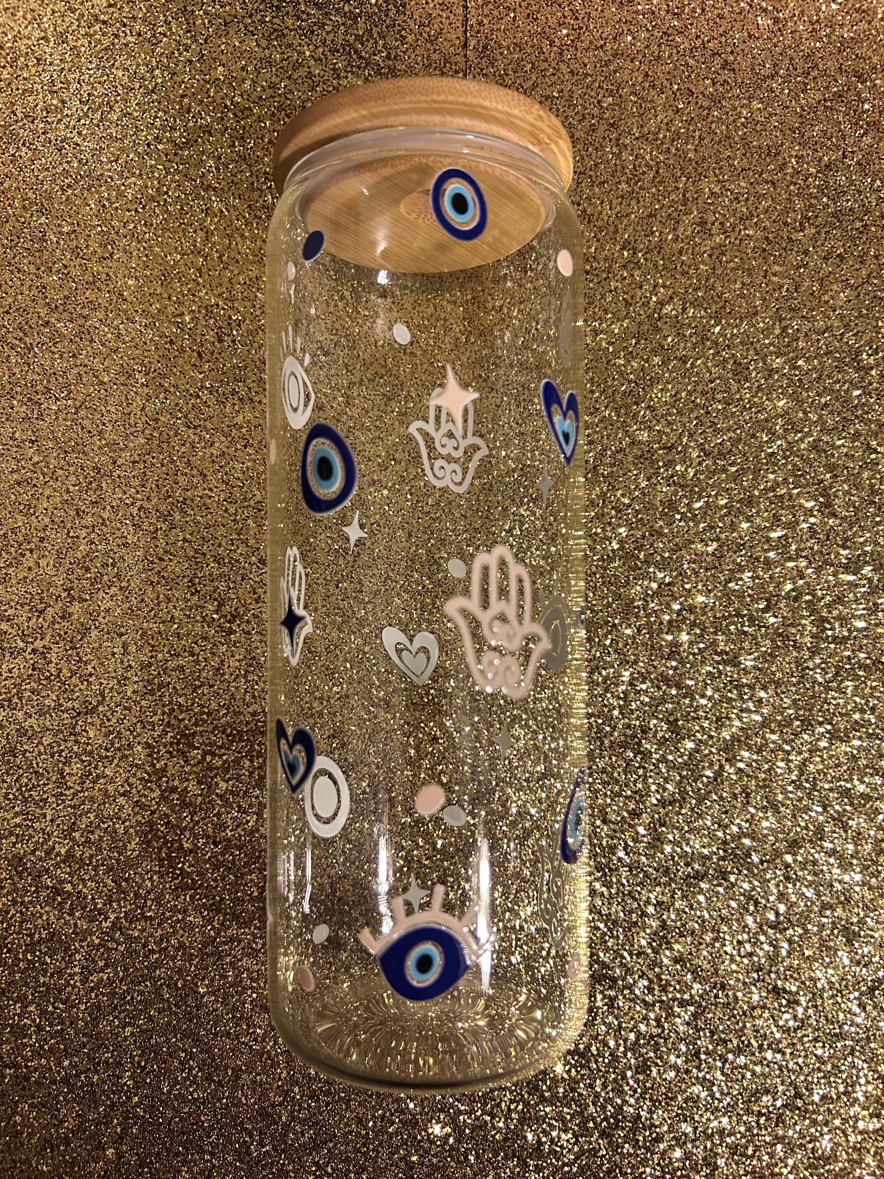 Evil eye and Hamsa 24oz Glass Cup w/bamboo lid