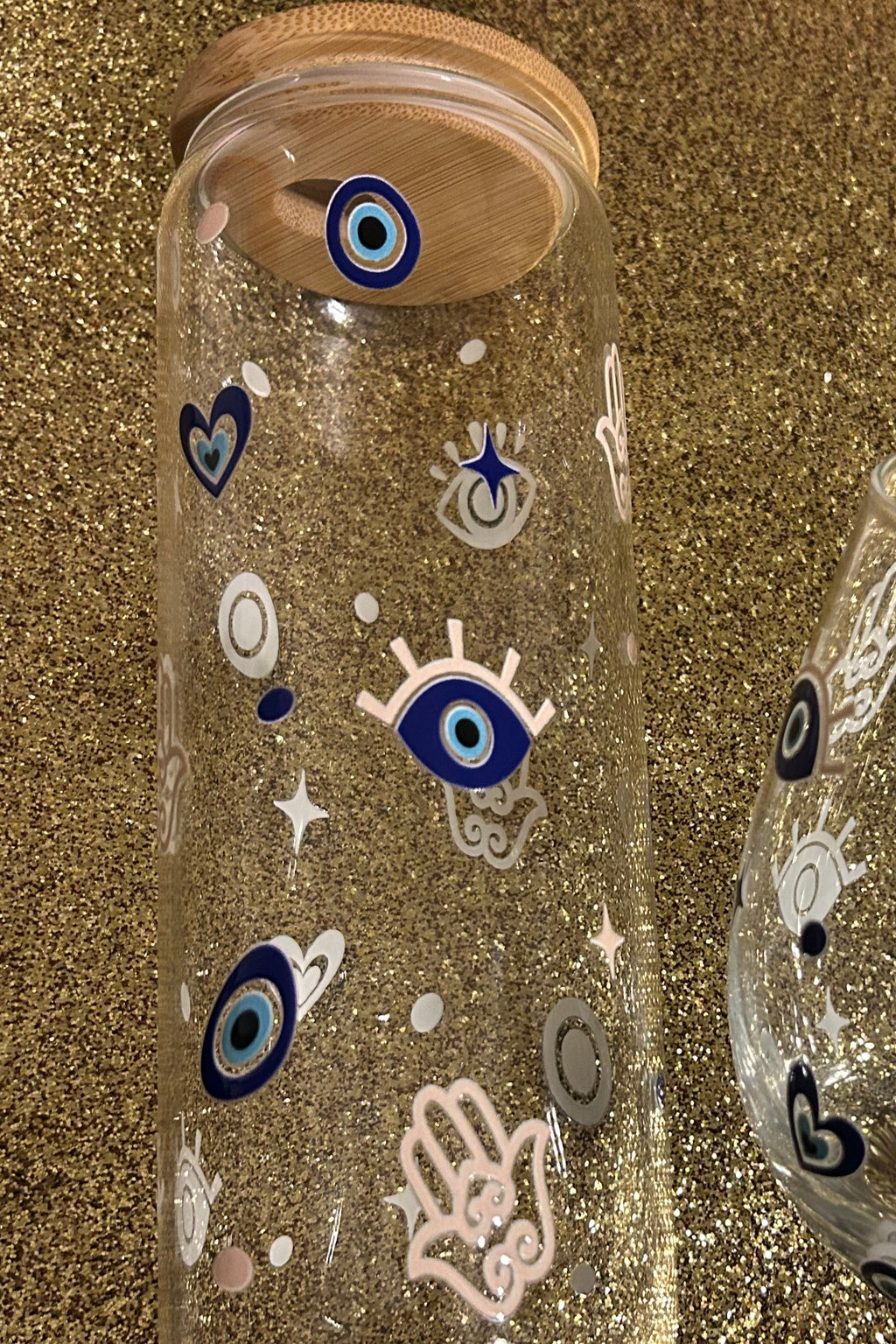 Evil eye and Hamsa 24oz Glass Cup w/bamboo lid