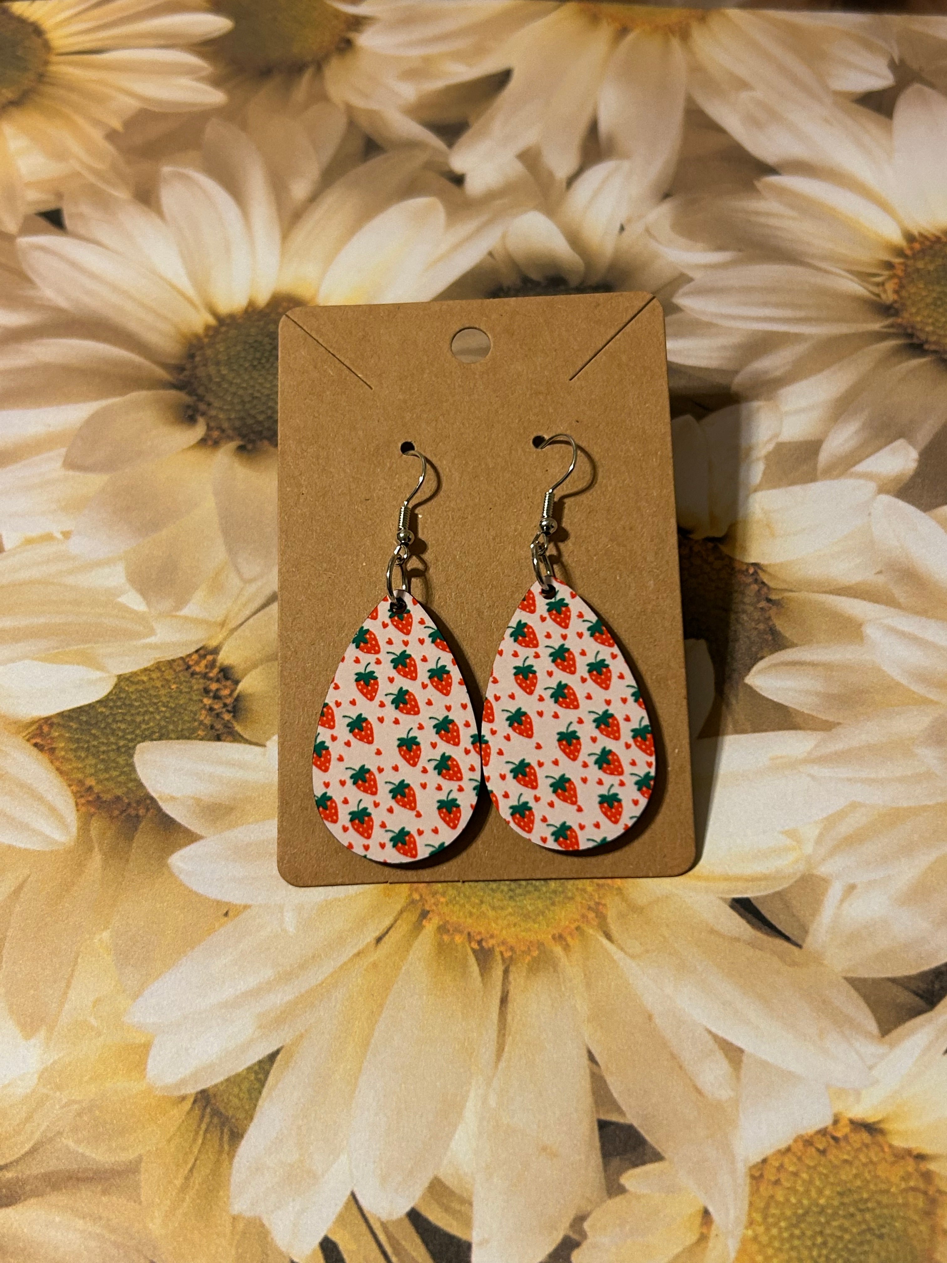 Wooden Teardrop Strawberry Love Earrings