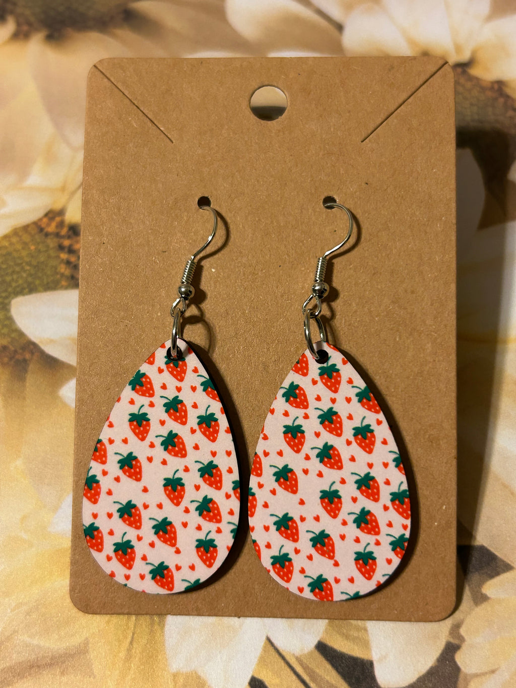 Wooden Teardrop Strawberry Love Earrings