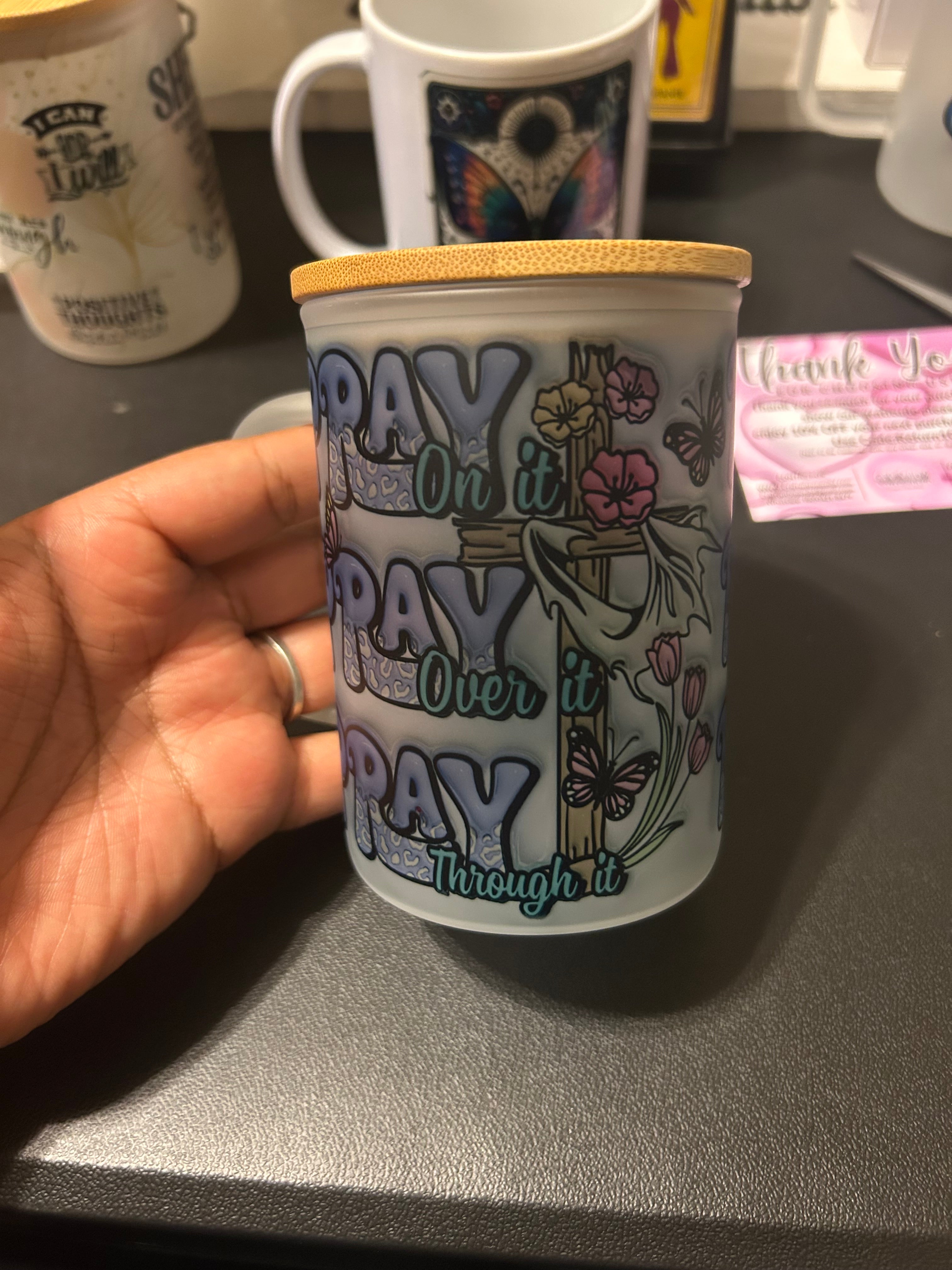 Pray Through it 16oz frosted glass travel mug
