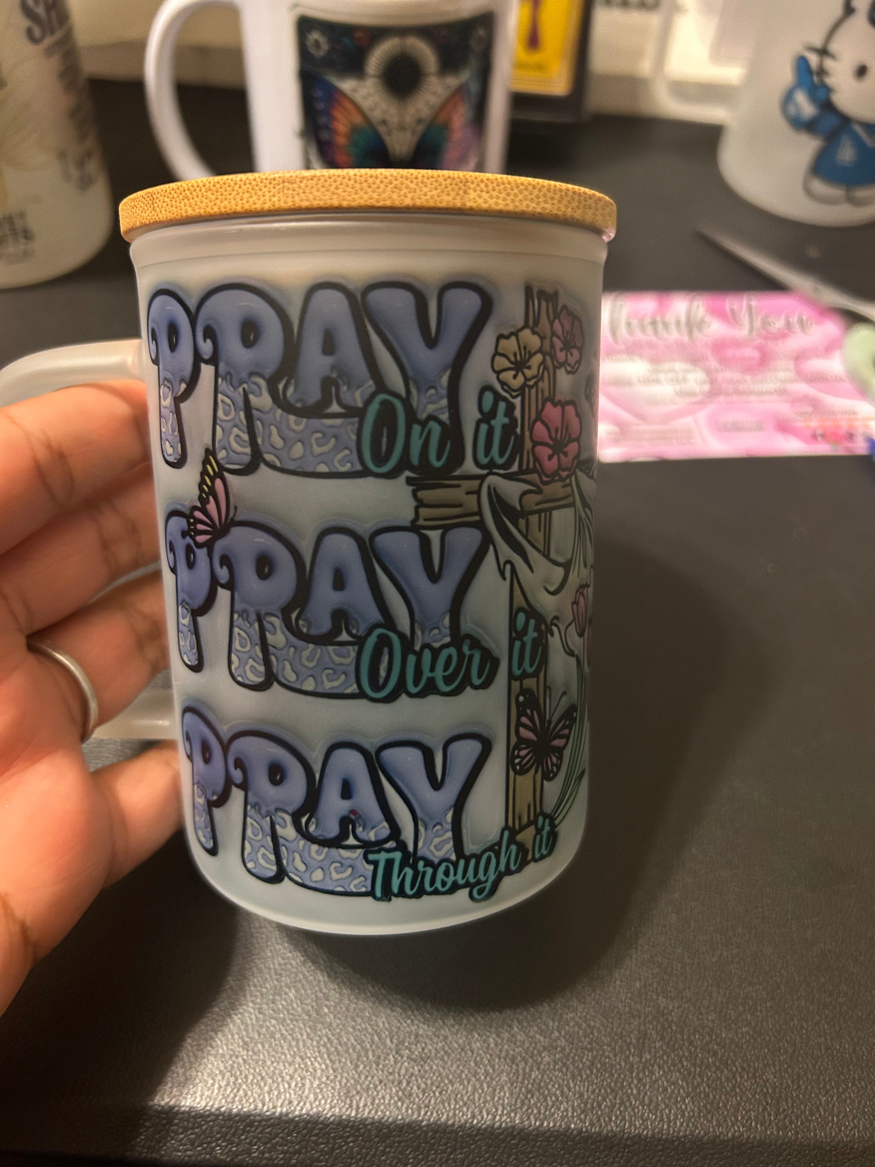 Pray Through it 16oz frosted glass travel mug