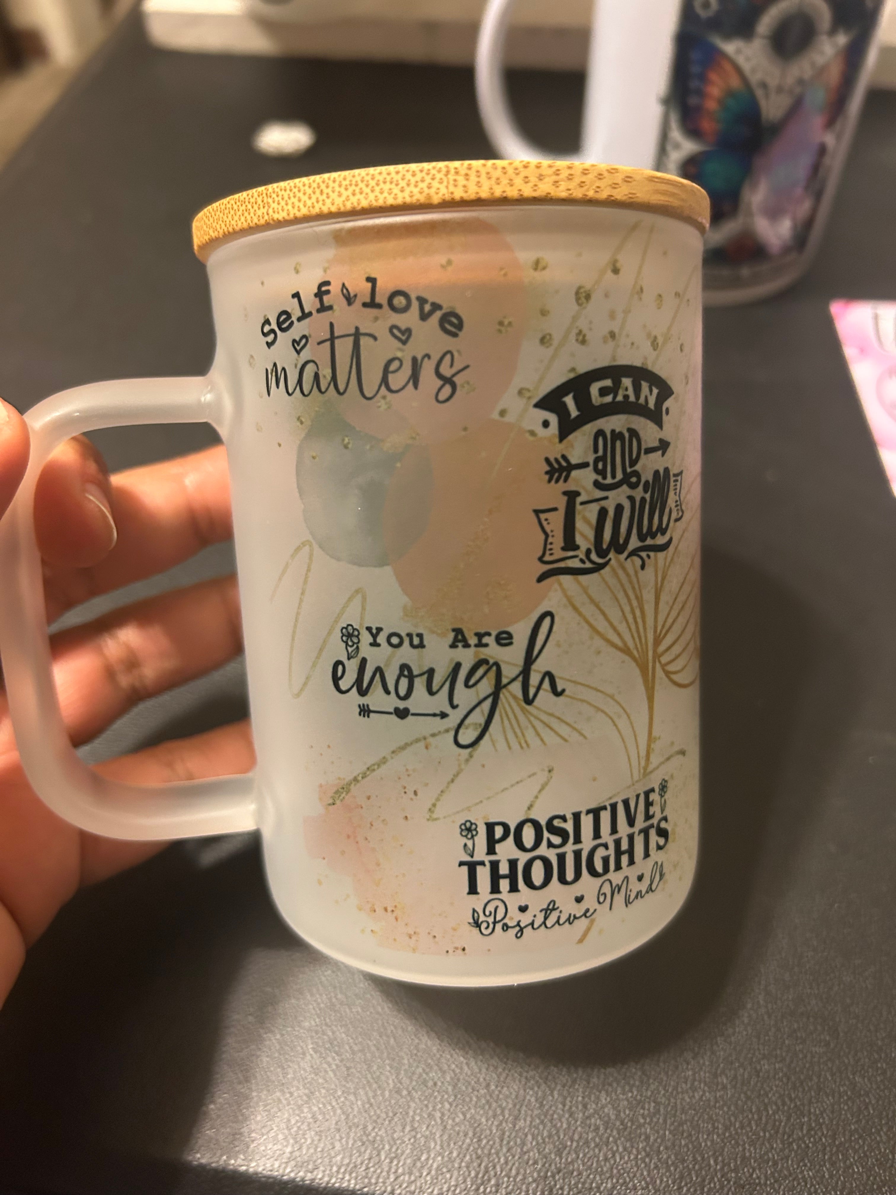 She is me affirmations (16oz frosted glass) Travel mug