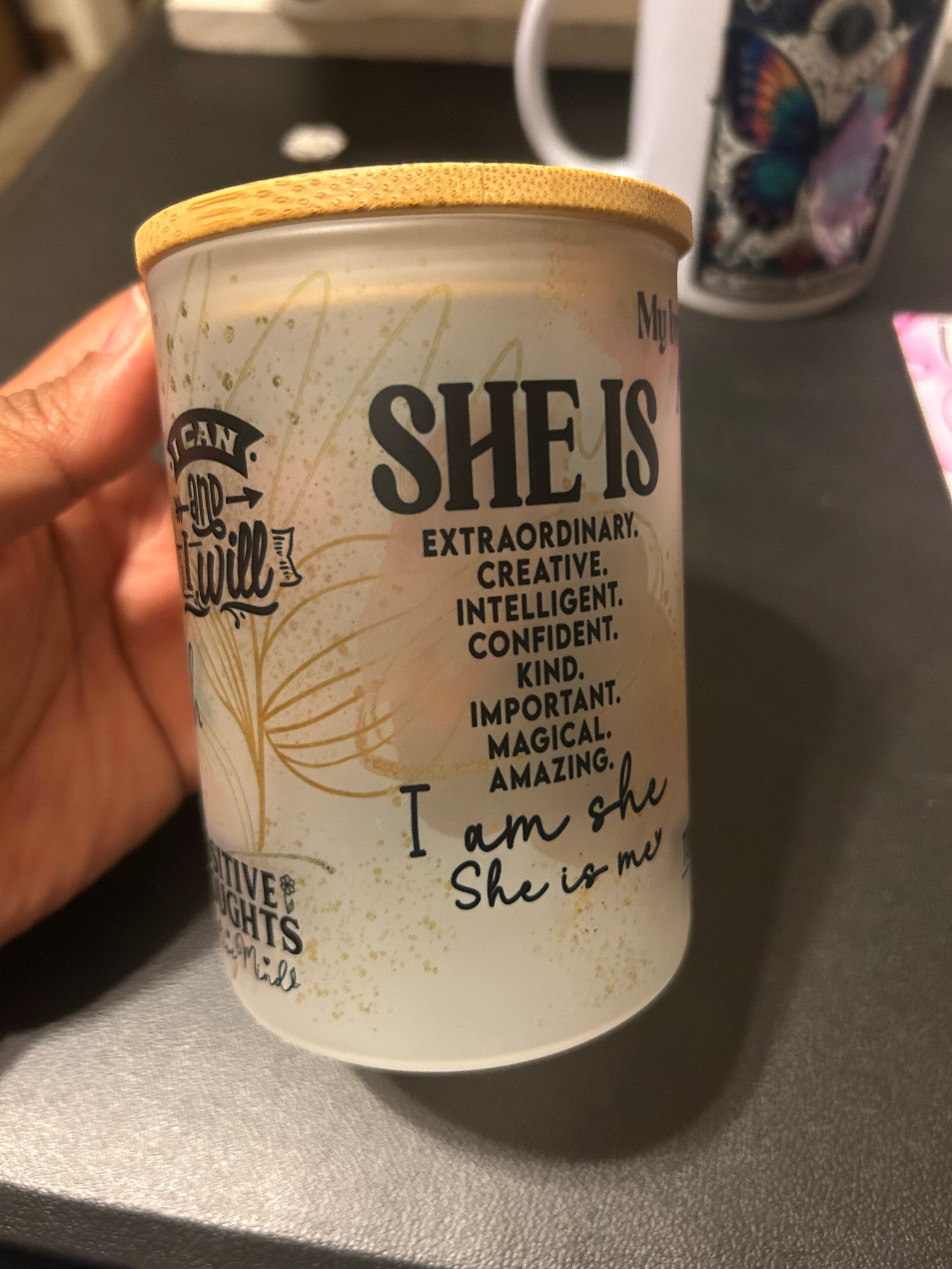 She is me affirmations (16oz frosted glass) Travel mug