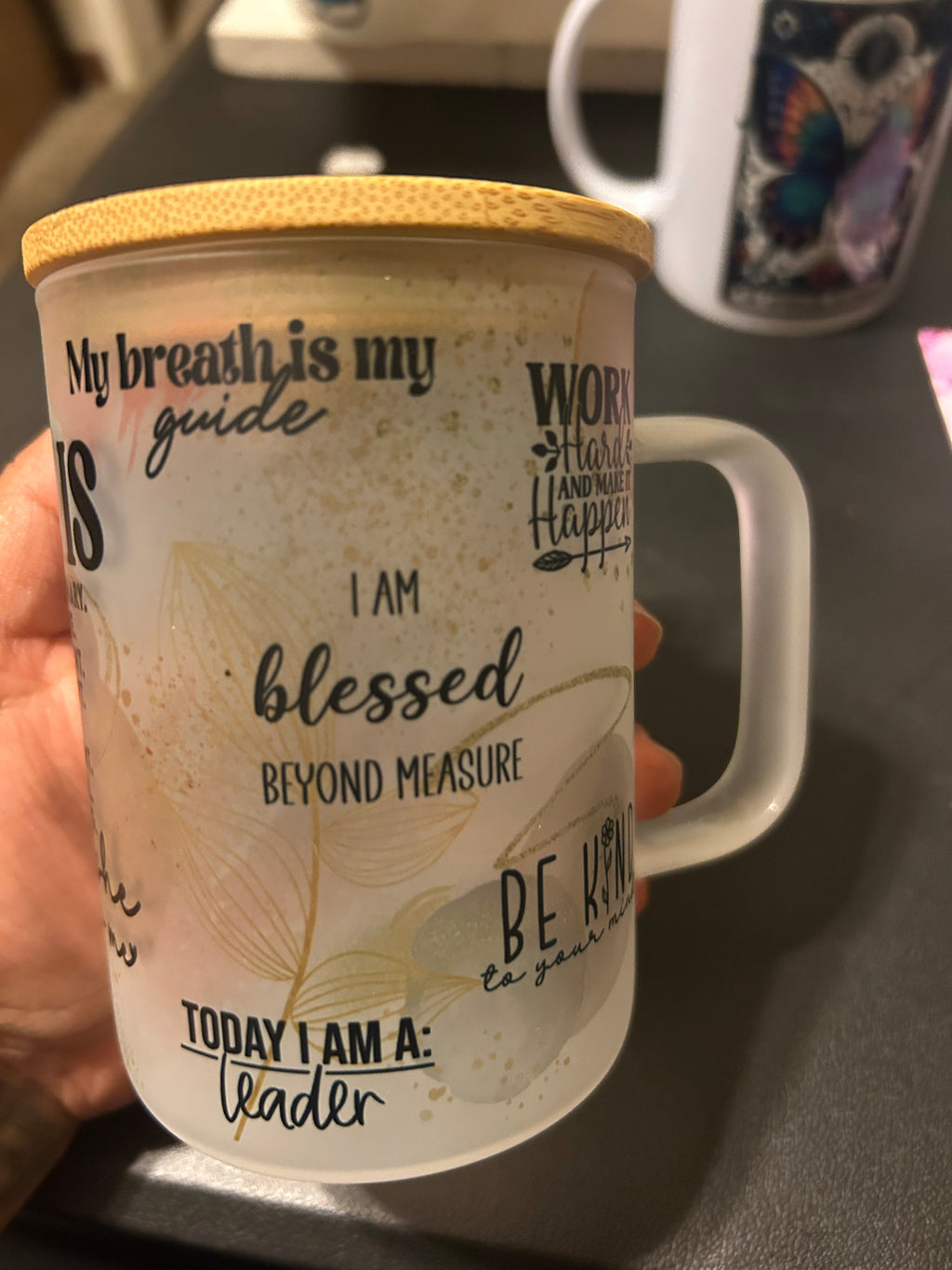 She is me affirmations (16oz frosted glass) Travel mug