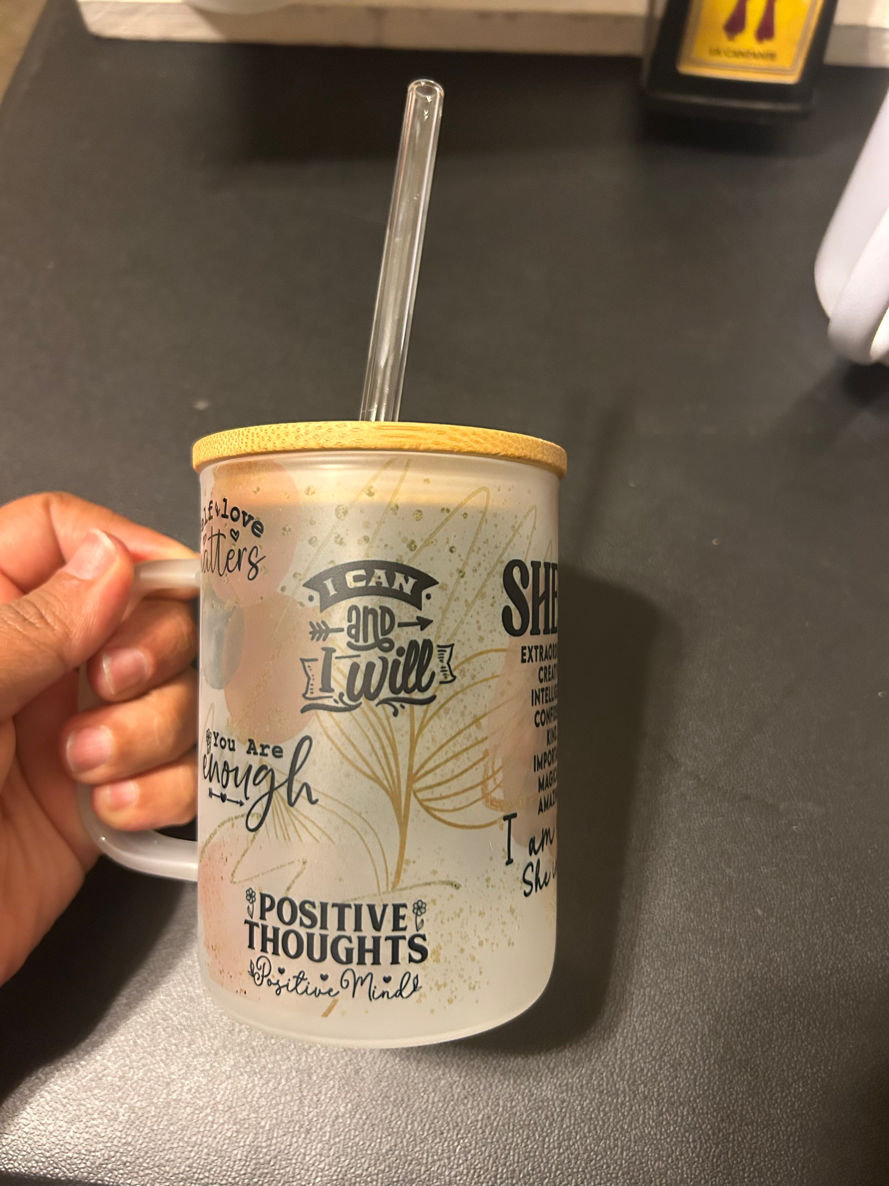 She is me affirmations (16oz frosted glass) Travel mug