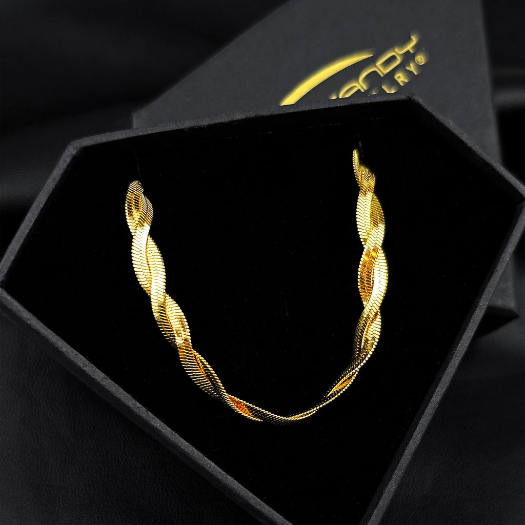 Stainless Steel Gold Tone PVD Braided Herringbone Chain Necklace