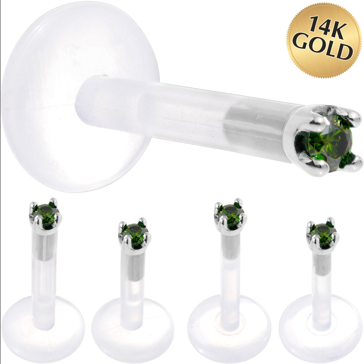 Solid 14K White Gold 1.5mm Genuine Green Diamond Bioplast Push in Labret