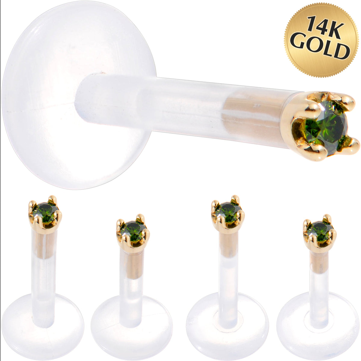 Solid 14K Yellow Gold 1.5mm Genuine Green Diamond Bioplast Push in Labret