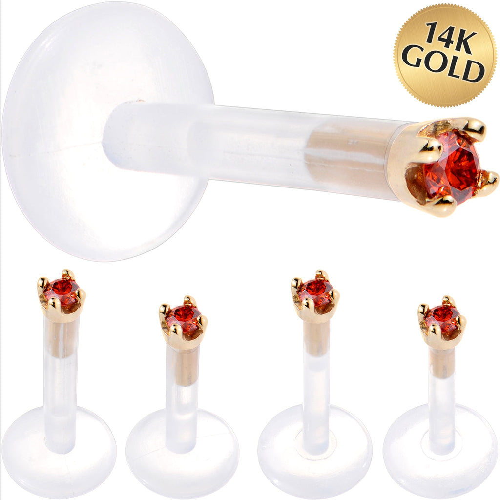 Solid 14K Yellow Gold 1.5mm Genuine Red Diamond Bioplast Push in Labret