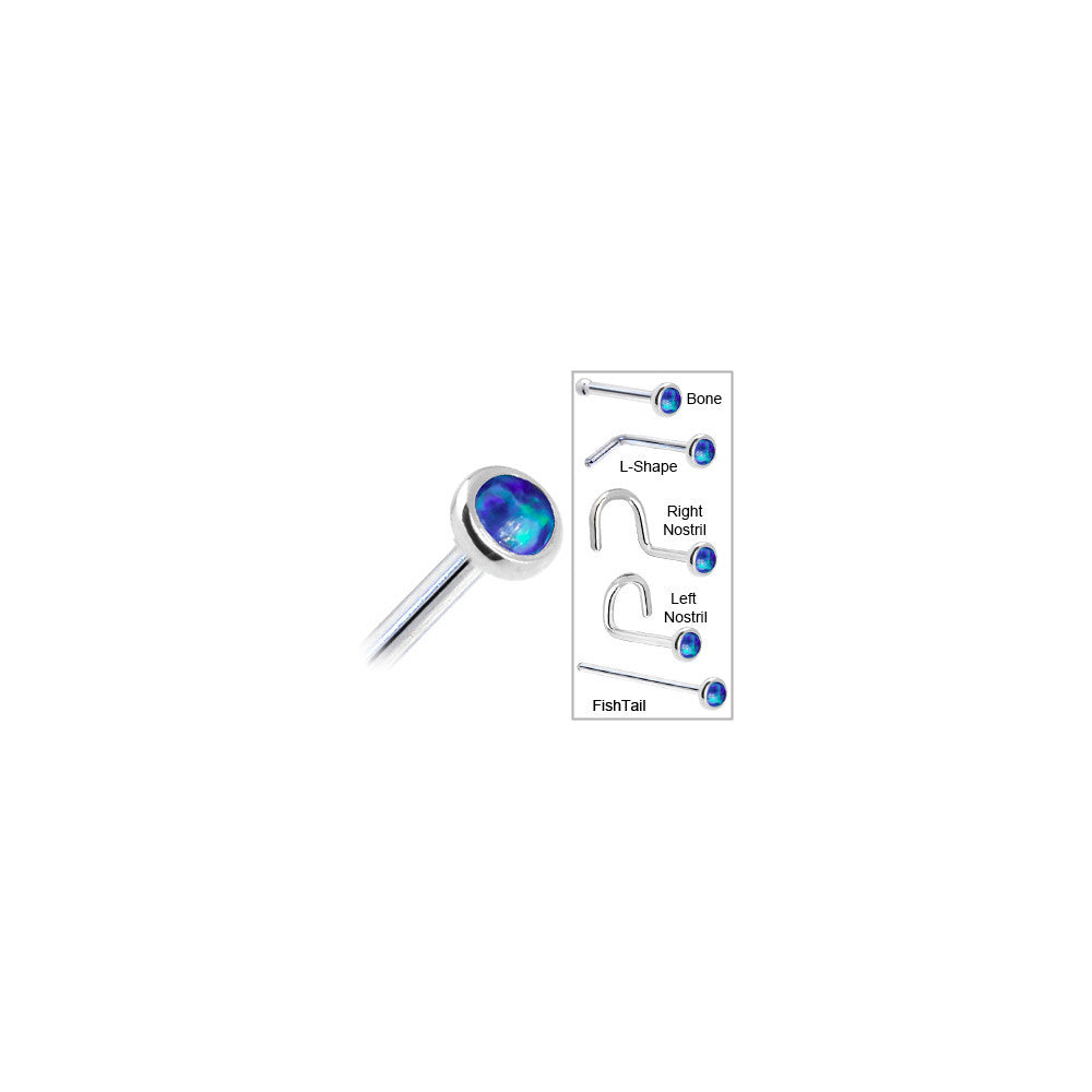 Solid 14K White Gold 2mm Dark Blue Synthetic Opal Nose Ring