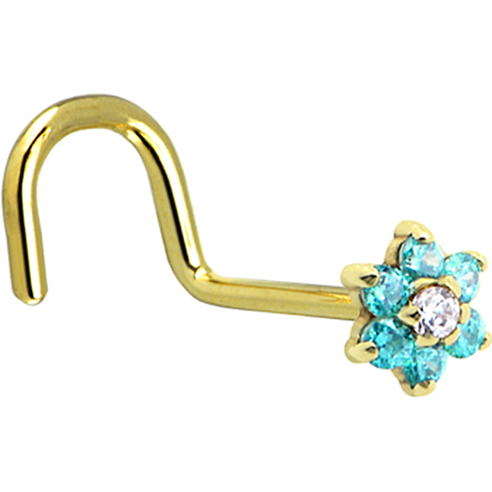 Solid 14K Yellow Gold Mint Green and Clear Cubic Zirconia Flower Nose Ring
