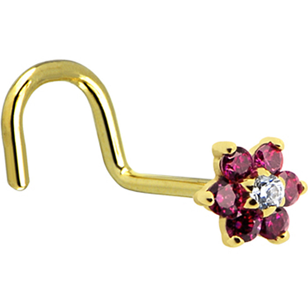 Solid 14K Yellow Gold Red and Clear Cubic Zirconia Flower Nose Ring