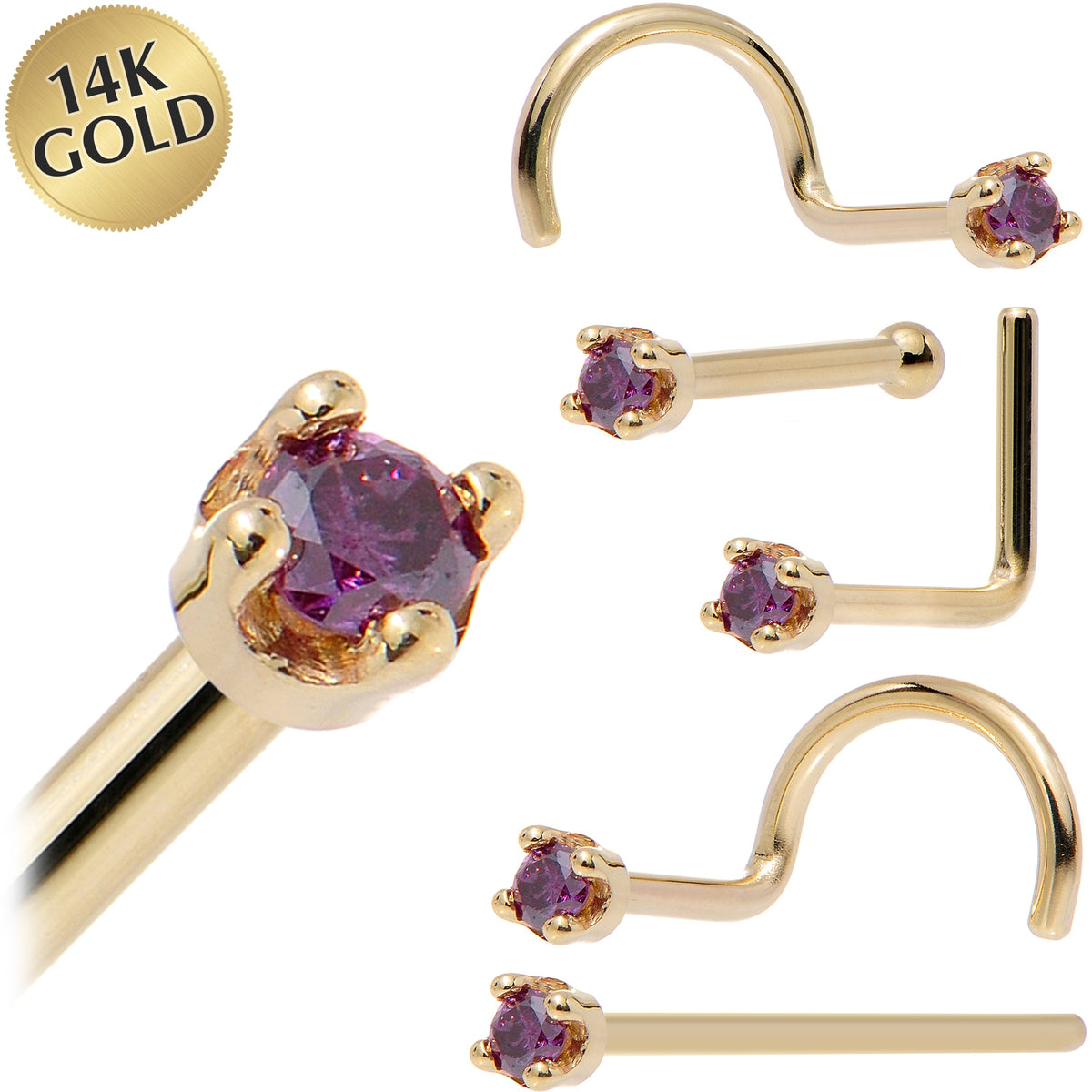 Solid 14K Yellow Gold 1.5mm Genuine Purple Diamond Nose Ring