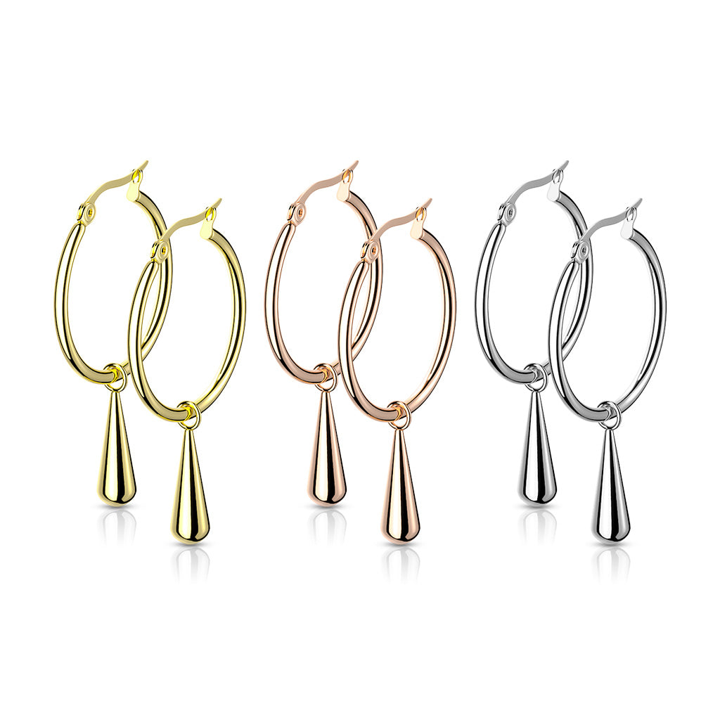 Stainless Steel Hoop Earrings with Teardrop Dangle