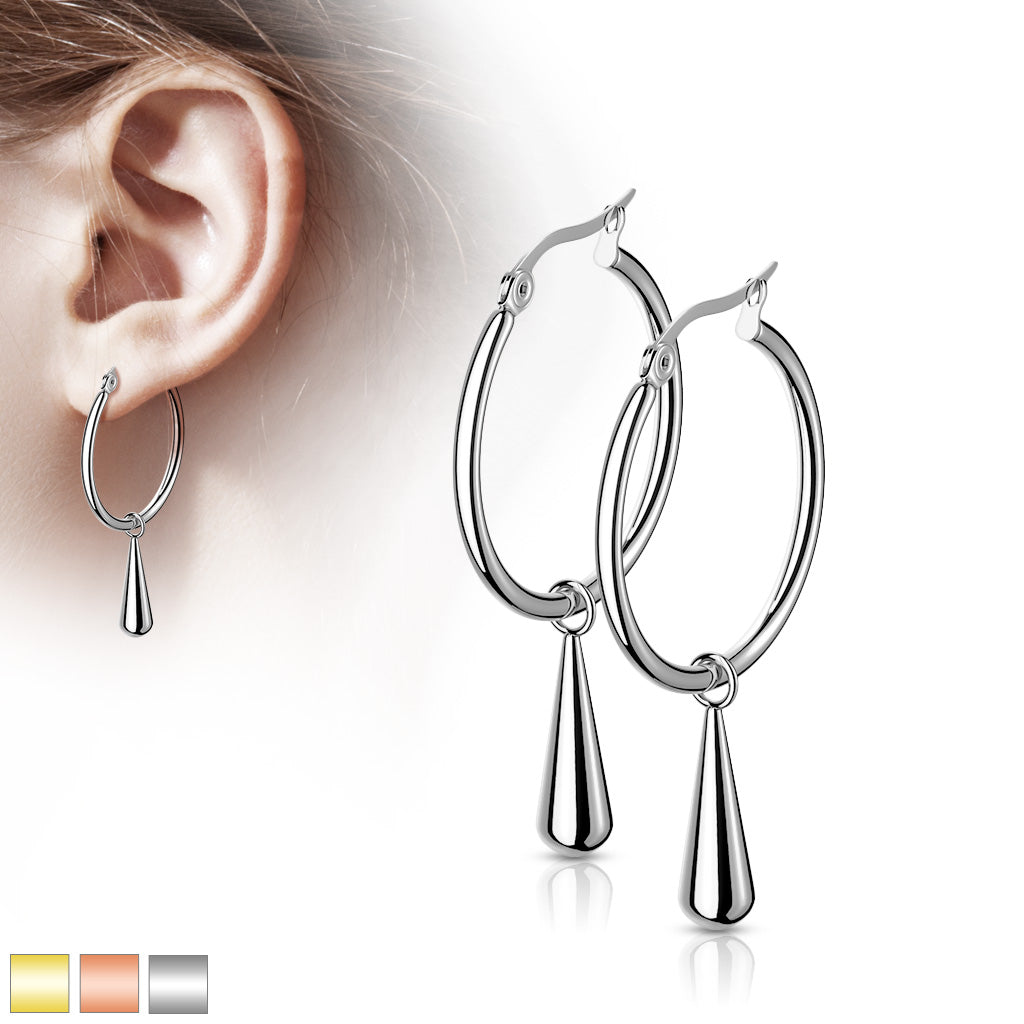 Stainless Steel Hoop Earrings with Teardrop Dangle