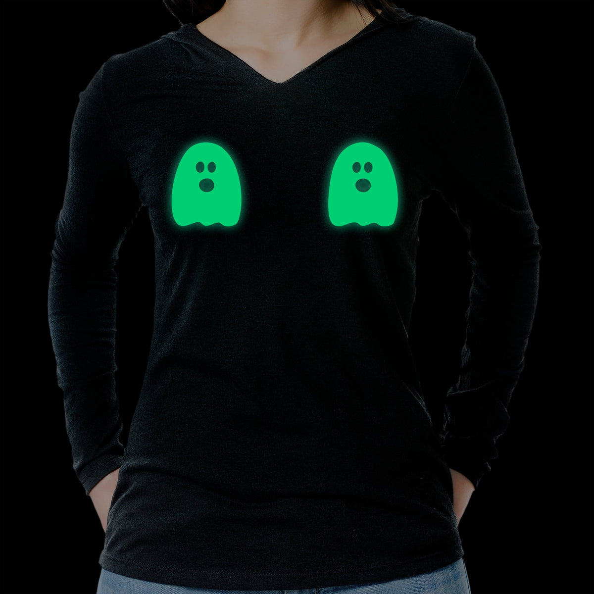 Halloween Glow in the Dark Ghost Boobies Tee Tapered Long Sleeve Hoodie