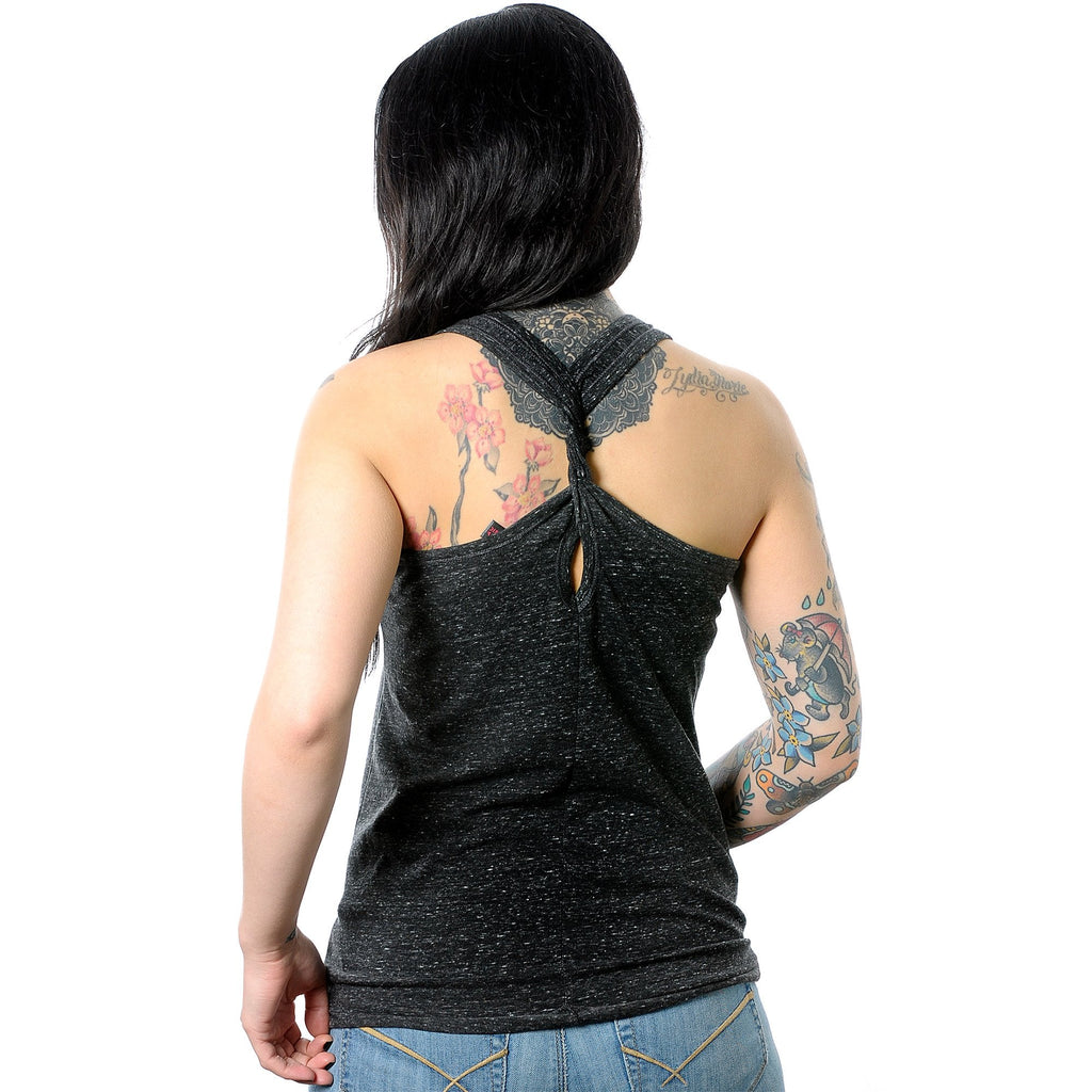 Ain't a Saint Black Gray Cosmic Twist Back Tank Top