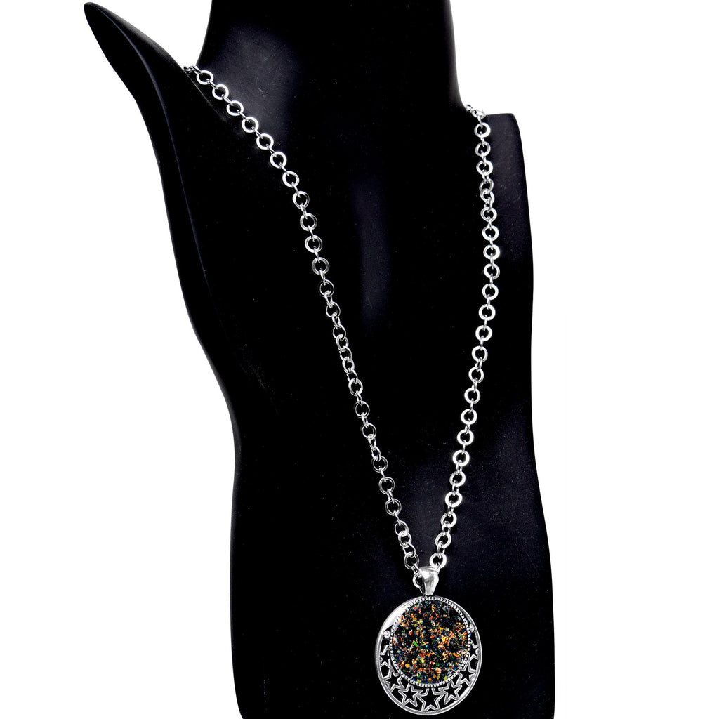 Handmade Black Faux Opal Starry Universe Silver Plated Chain Necklace