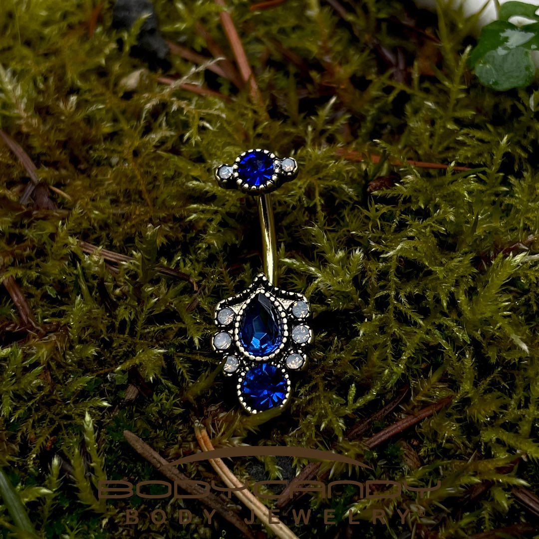 Clear Blue Gem Gold Tone Heirloom Oval Belly Ring