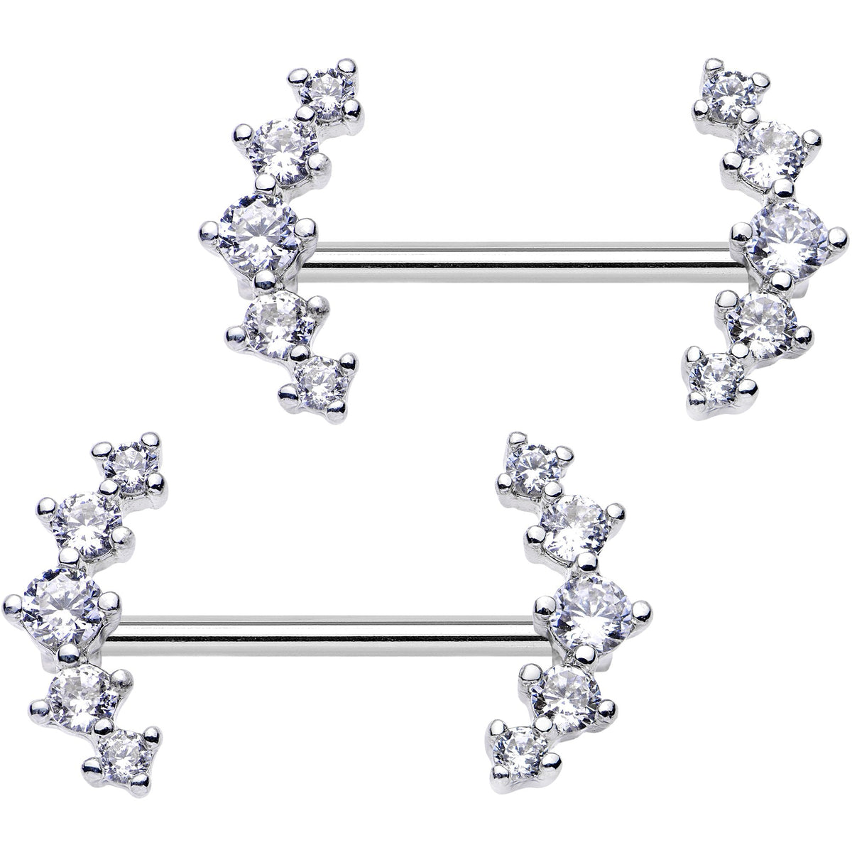 Clear CZ Gem Quintuple Cascade Barbell Nipple Ring Set