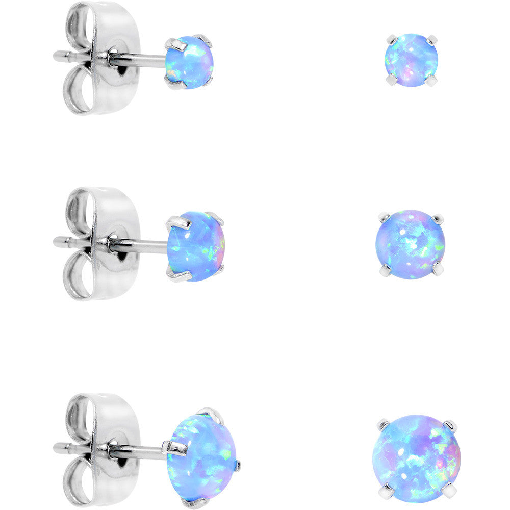 Light Blue Synthetic Opal Stainless Steel Post Stud Earring Pack Set of 3