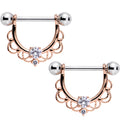 9/16 Clear CZ Gem Rose Gold Flourish Dangle Nipple Barbell Set