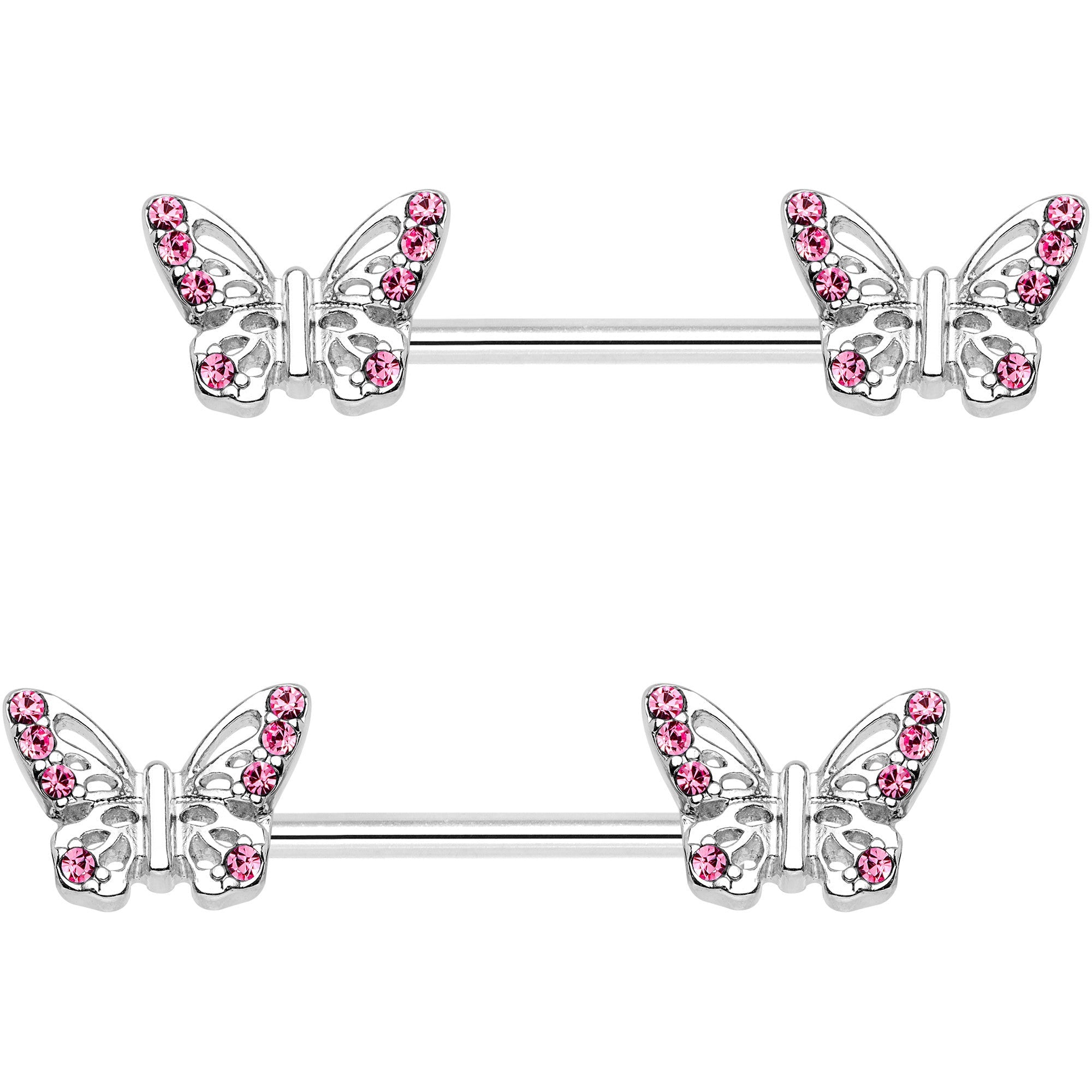9/16 Pink CZ Gem Fluttering Butterfly Barbell Nipple Ring Set