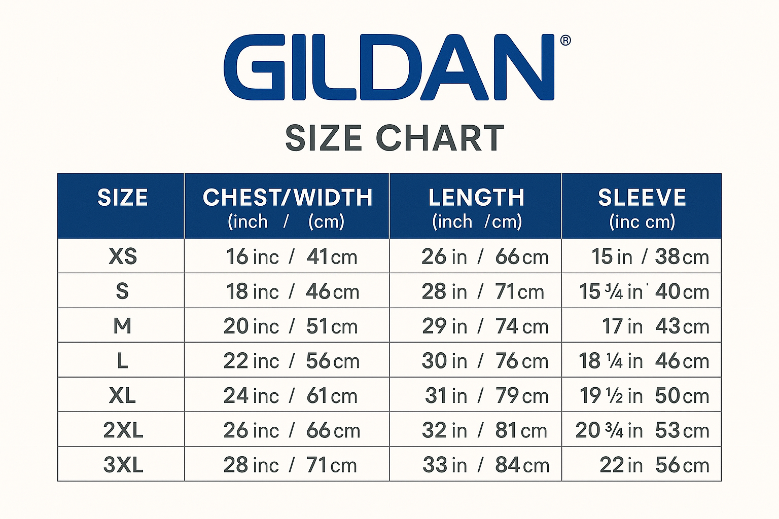 gildan shirt size chart