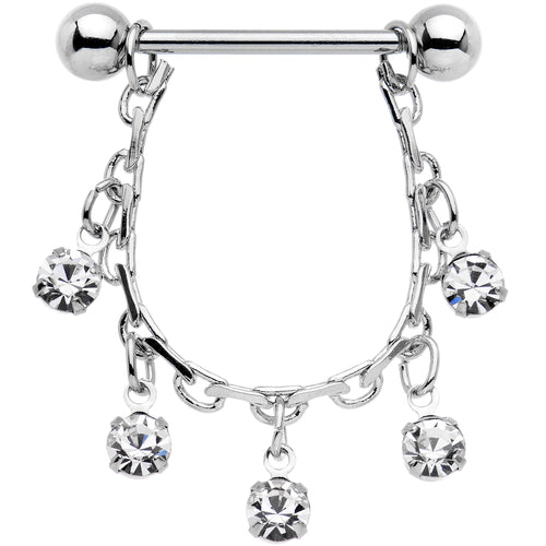 14G 5/8 Clear Gem Chain Drop Dangle Nipple Ring Set
