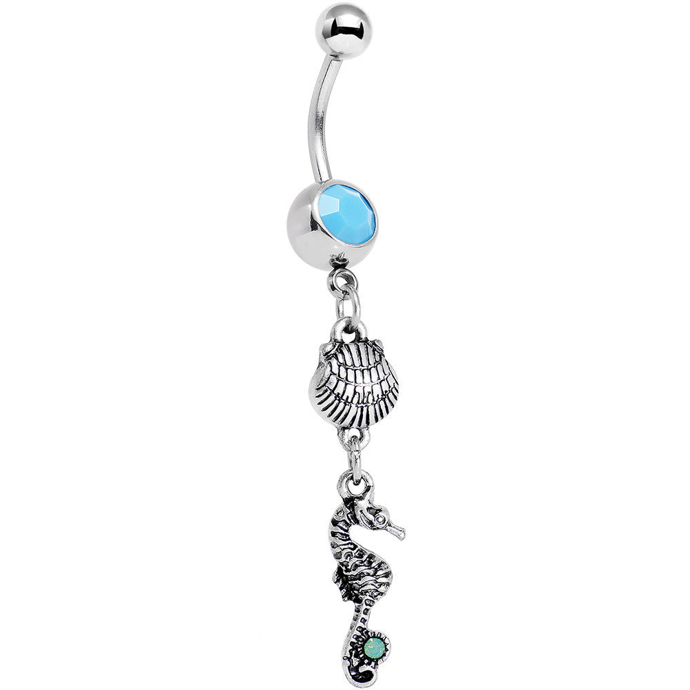 Green Blue Gem Ocean Beach Seahorse and Seashell Dangle Belly Ring