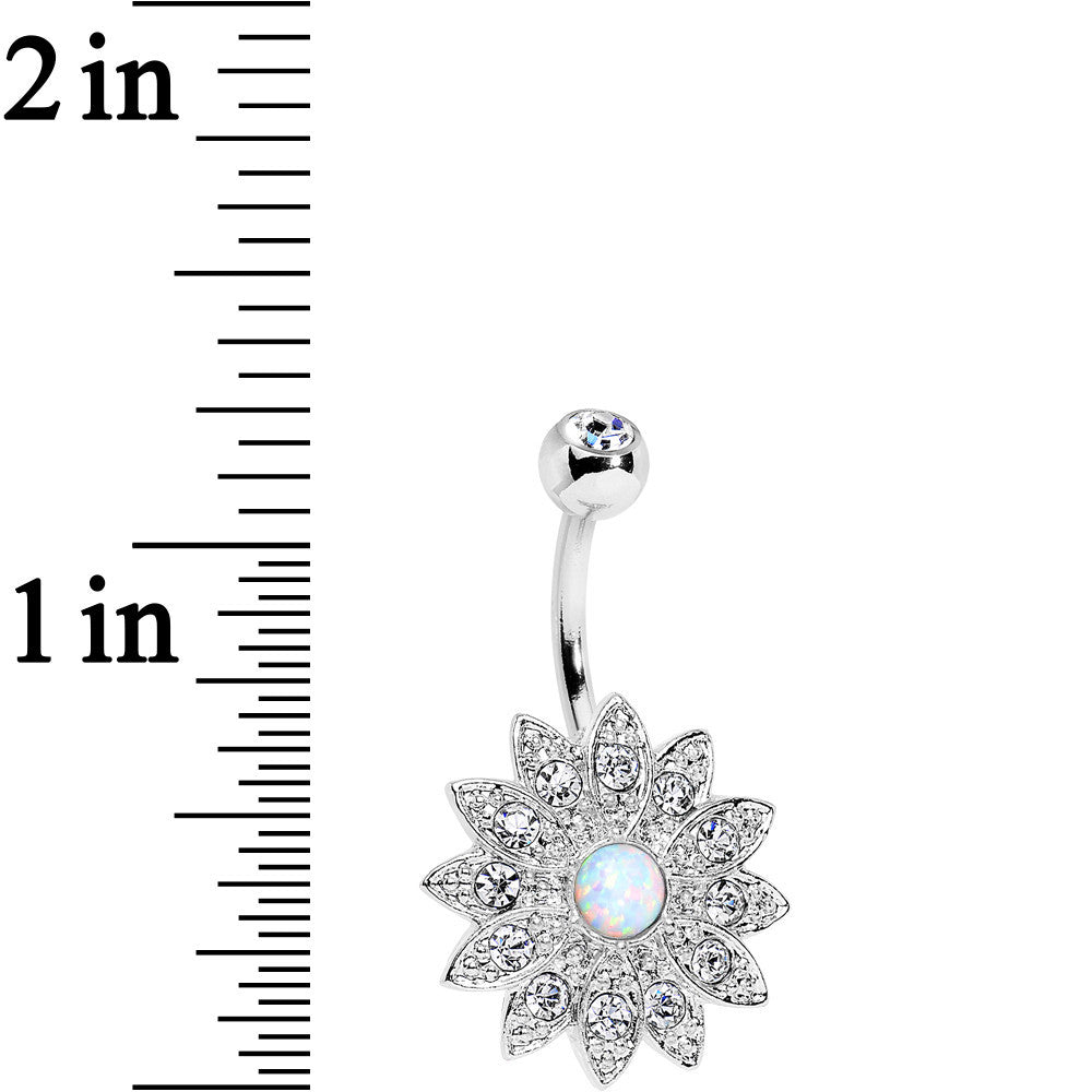 White Faux Opal Clear Gem Steel Fancy Sparkle Flower Belly Ring