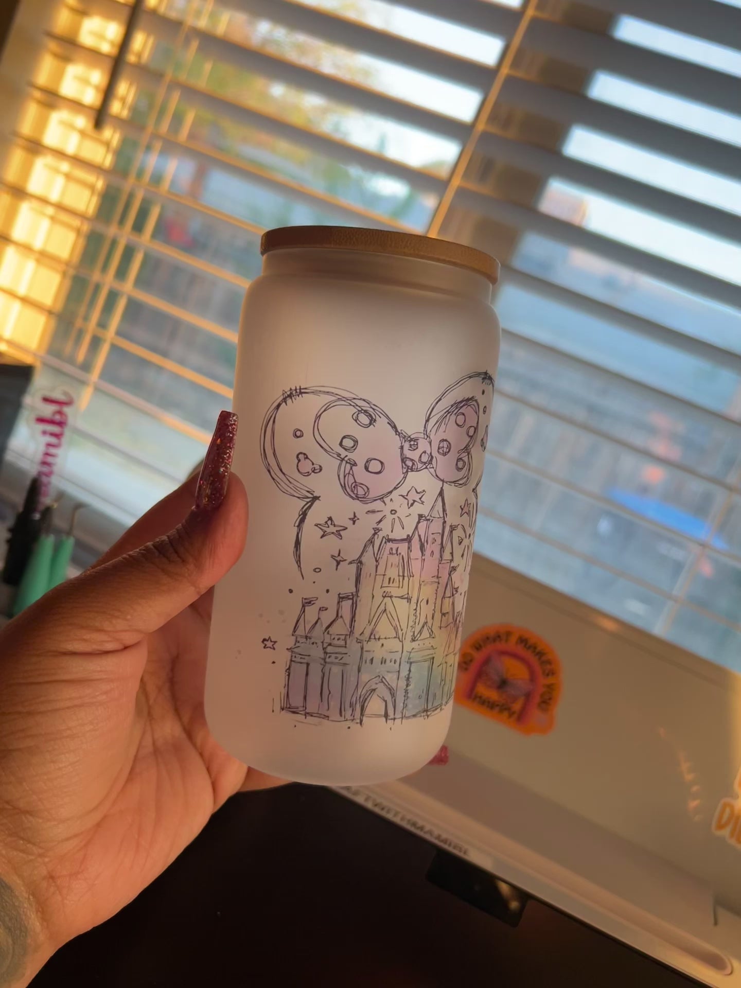Rainbow Castle with Ears 16oz Frosted Glass