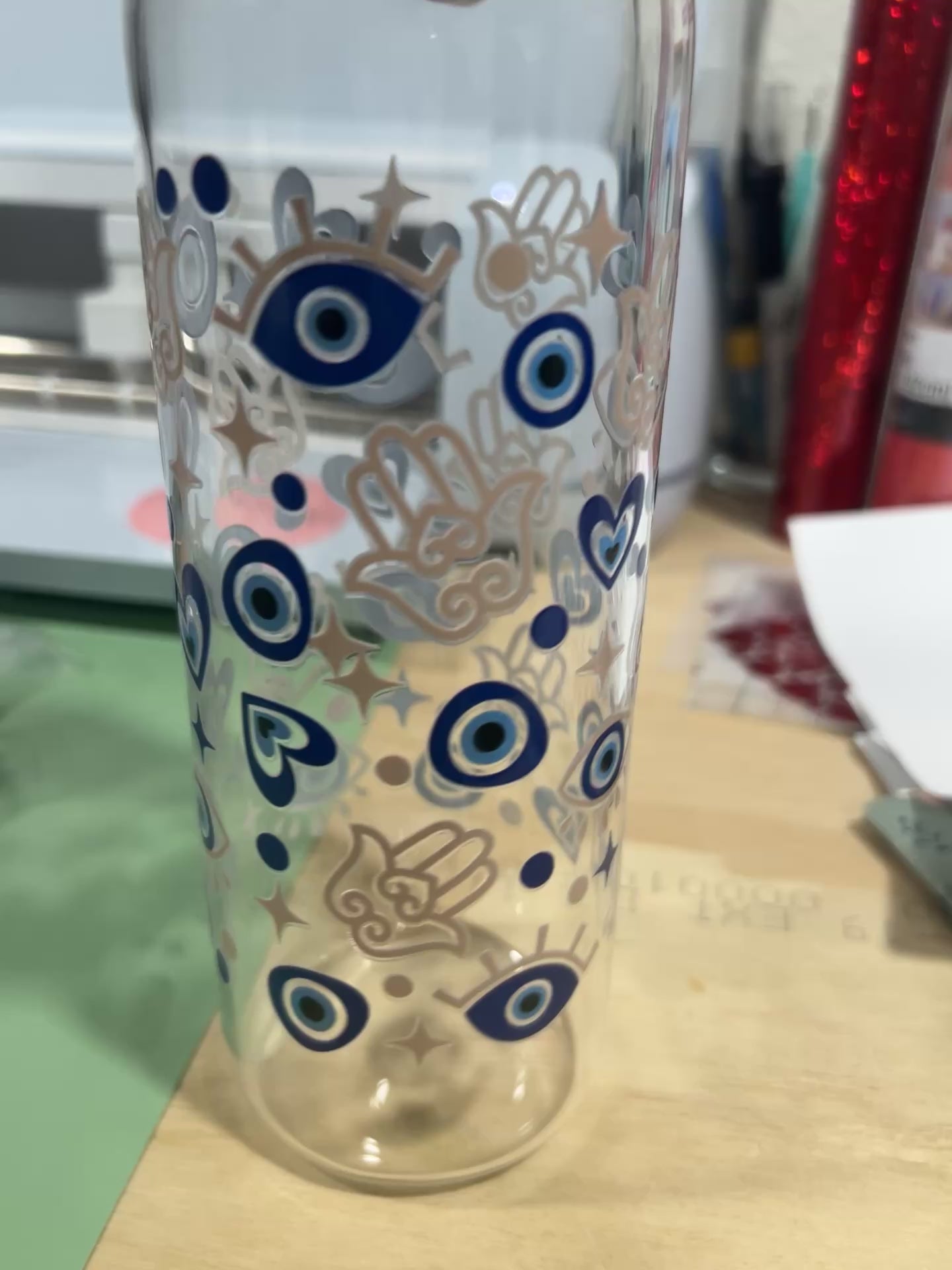 Evil eye and Hamsa 24oz Glass Cup w/bamboo lid