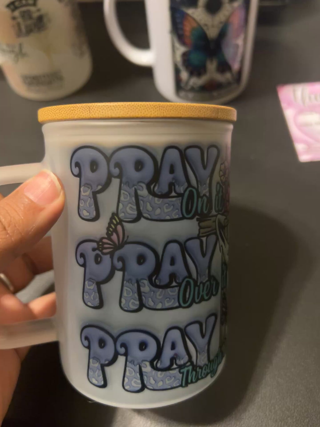 Pray Through it 16oz frosted glass travel mug