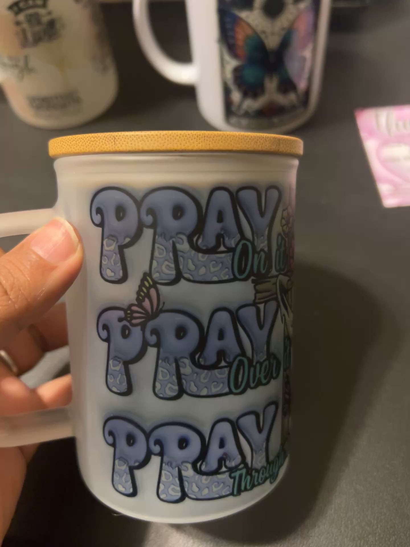 Pray Through it 16oz frosted glass travel mug