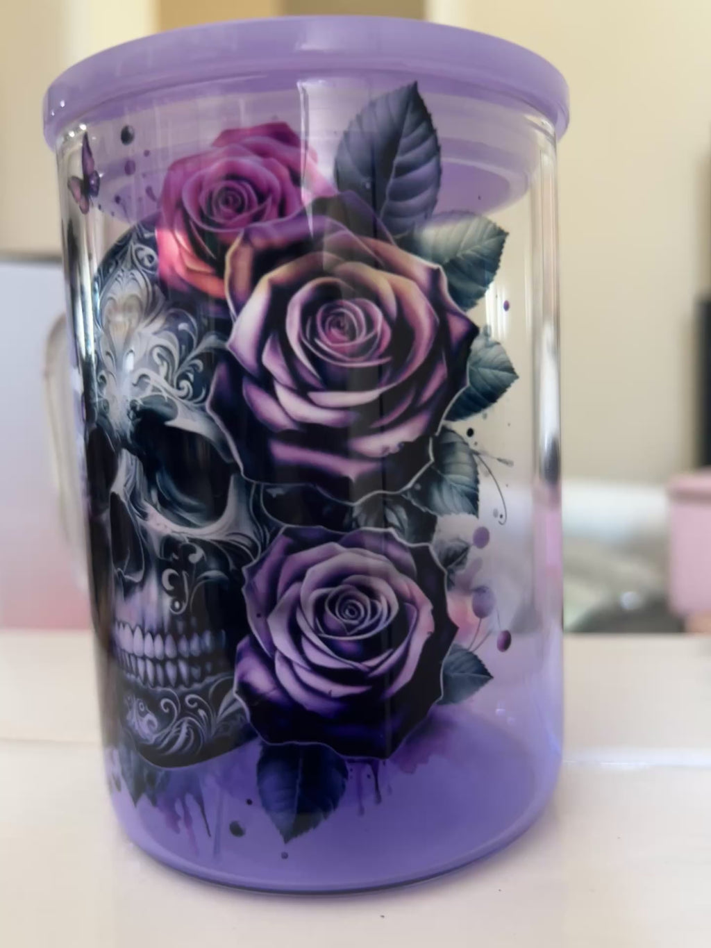 Skulls and Roses 16oz purple gradient glass cup