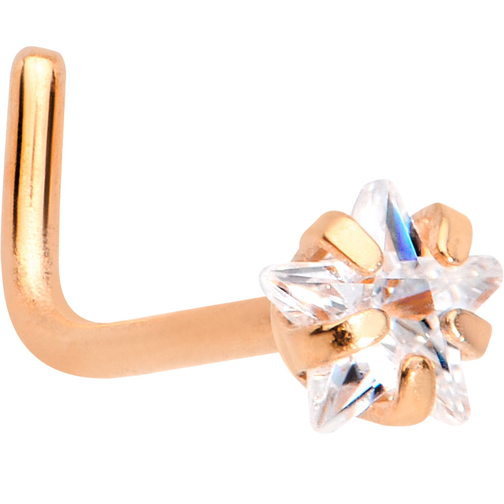 20G 1/4 Clear Star 3mm CZ Gem Rose Gold IP L-Shape Nose Ring