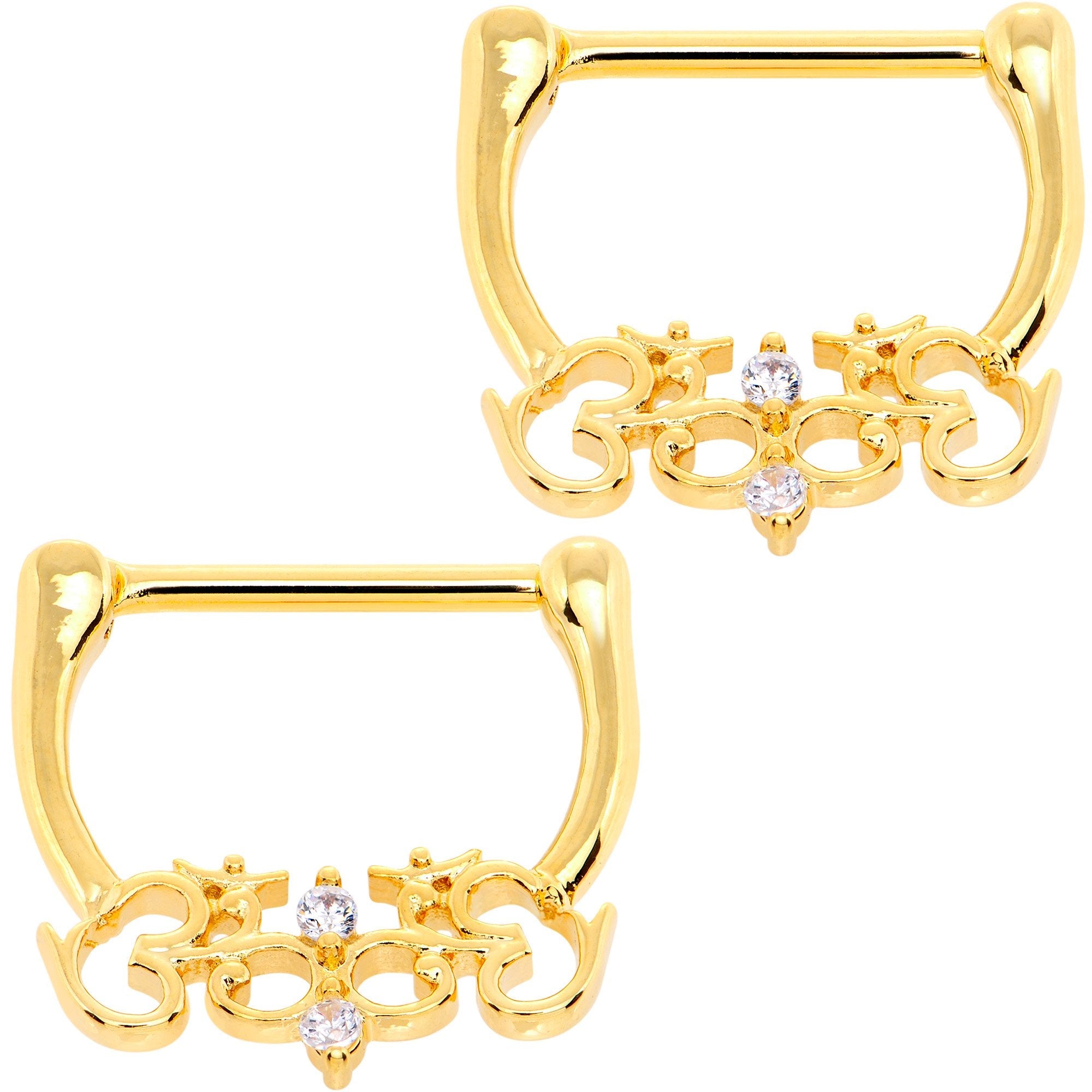9/16 Clear CZ Gem Gold Tone Anodized Ancient Swirl Nipple Clicker Set