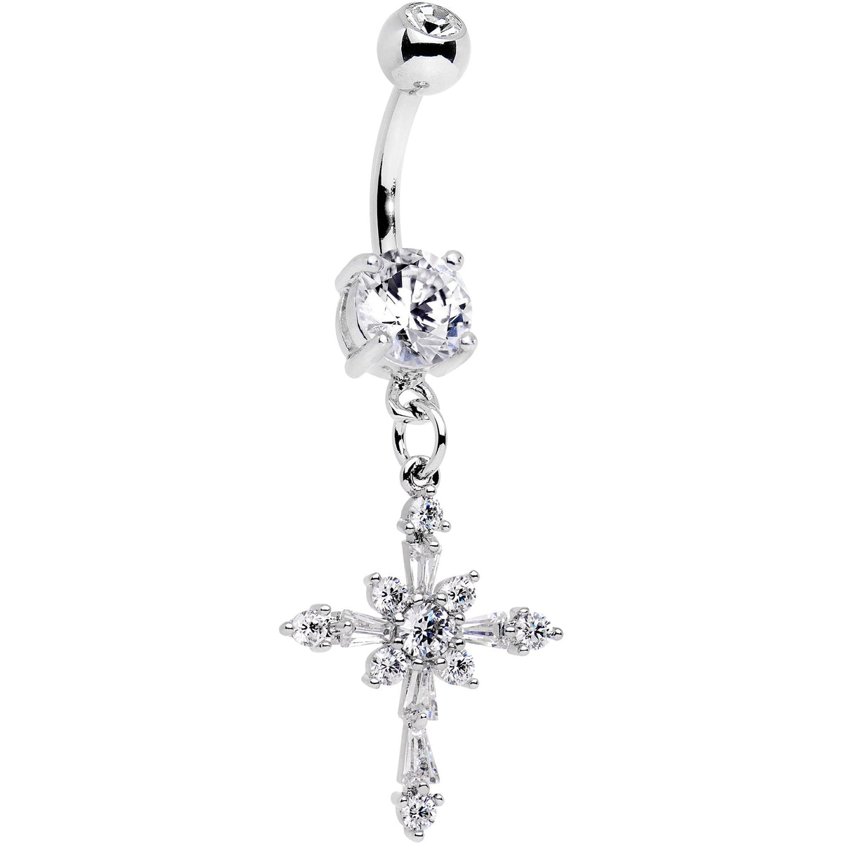 Clear Gem Glimmer Cross Dangle Belly Ring