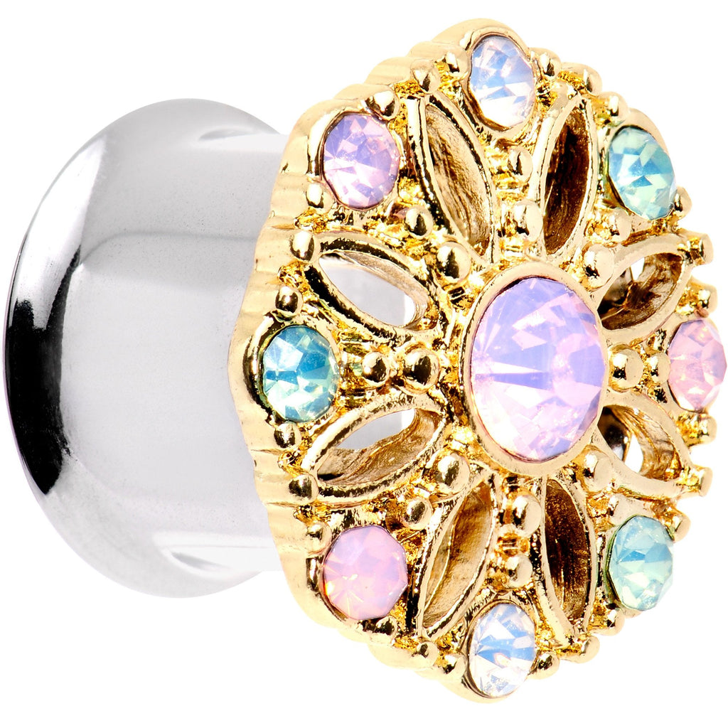 1/2 Pink Green White Gem Glam Flower Double Flare Tunnel Plug Set