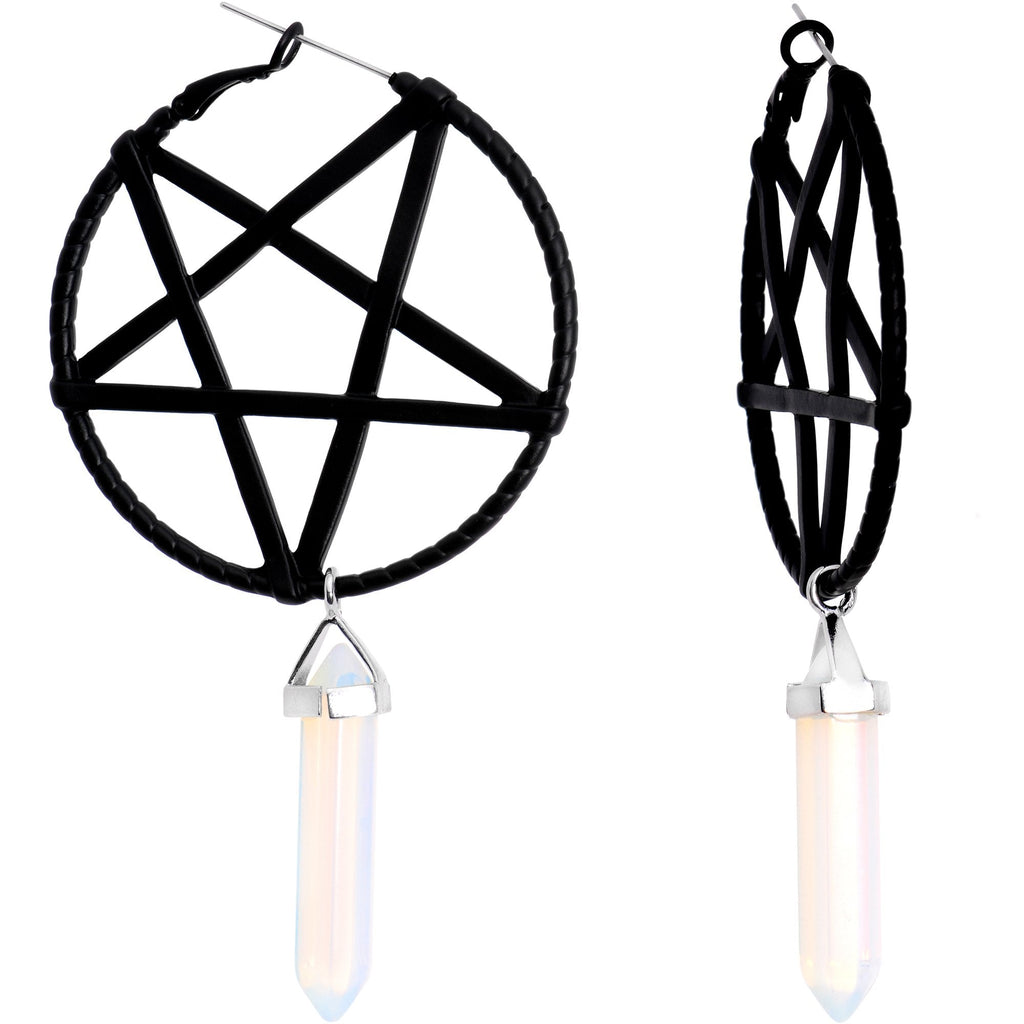 Opalite Stone Black Star Pentagram Tunnel Plug Earrings